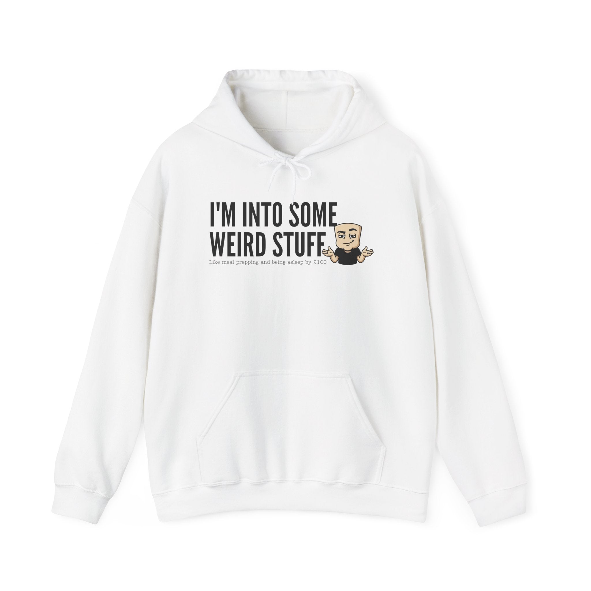 White hoodie with front text graphic and kangaroo pocket