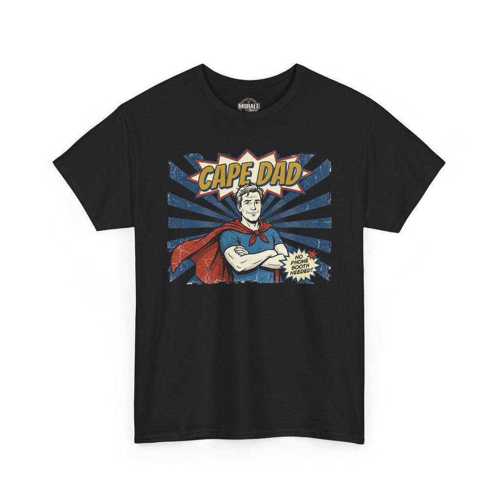 Black Cape Dad superhero T-shirt with retro comic “CAP DAD” graphic on front