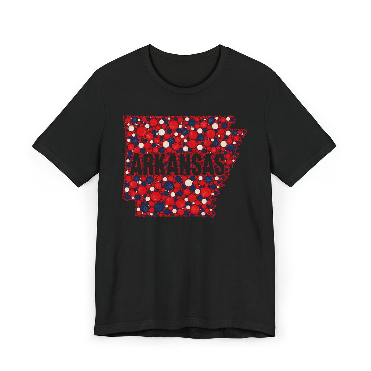 Black T-shirt with Arkansas outline graphic in red, white, and blue dot pattern
