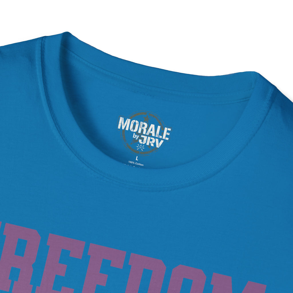 Blue T-shirt neck logo 'MORAL by JRL' with partial Freedom lettering