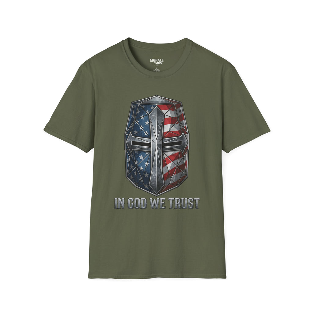 Military green T-Shirt with crusader helmet American-flag graphic and “IN GOD WE TRUST”