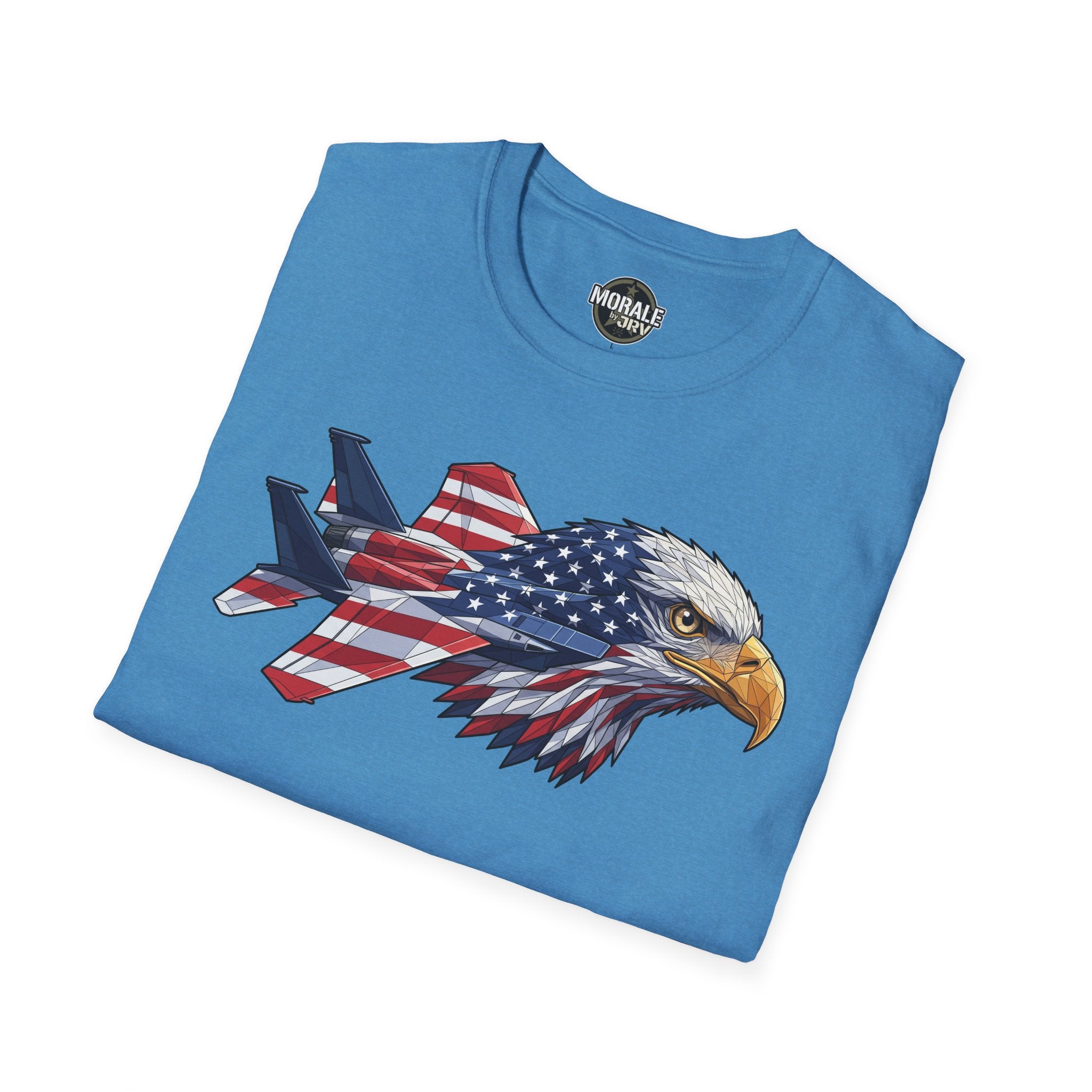 Heather sapphire T-shirt with bald eagle head and American flag plane graphic