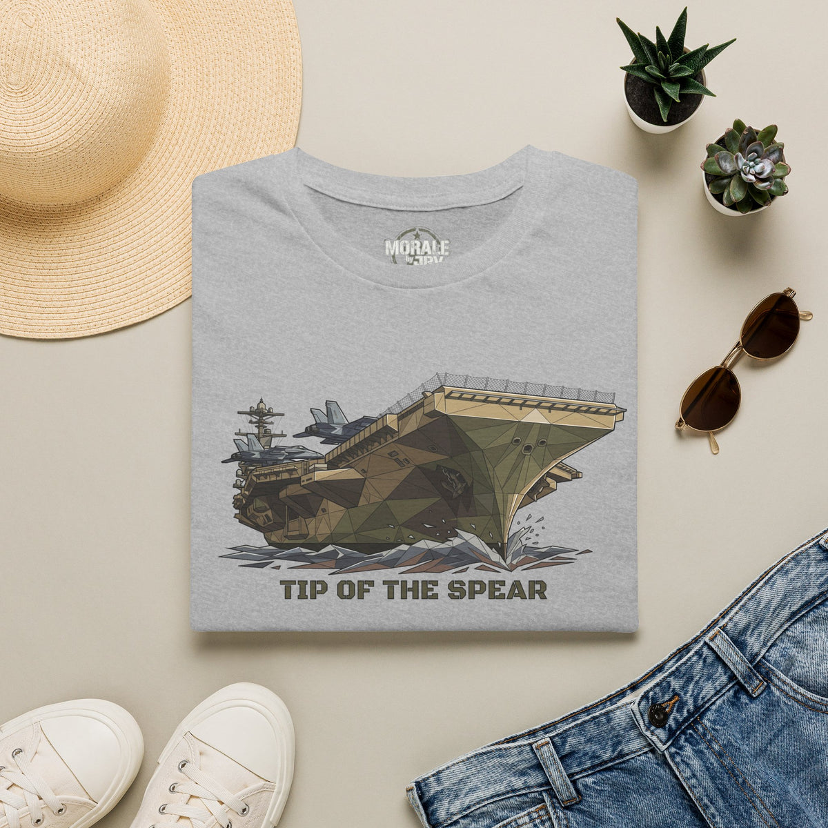 Gray military tank T-shirt with front tank graphic and 'TIP OF THE SPEAR' text