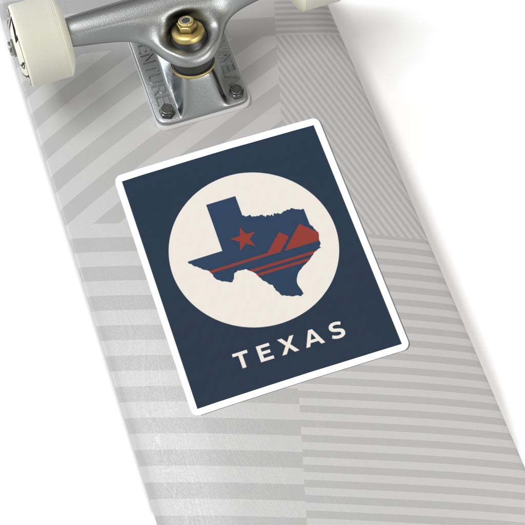 Texas map retro badge sticker on luggage, circular state emblem with TEXAS text