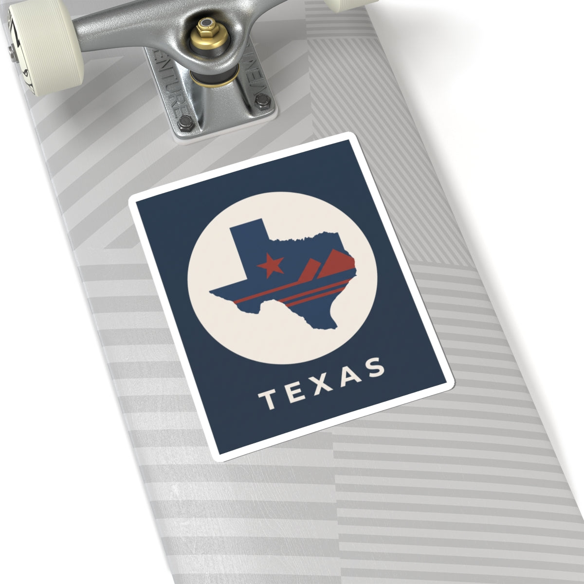 Texas map retro badge sticker on luggage, circular state emblem with TEXAS text