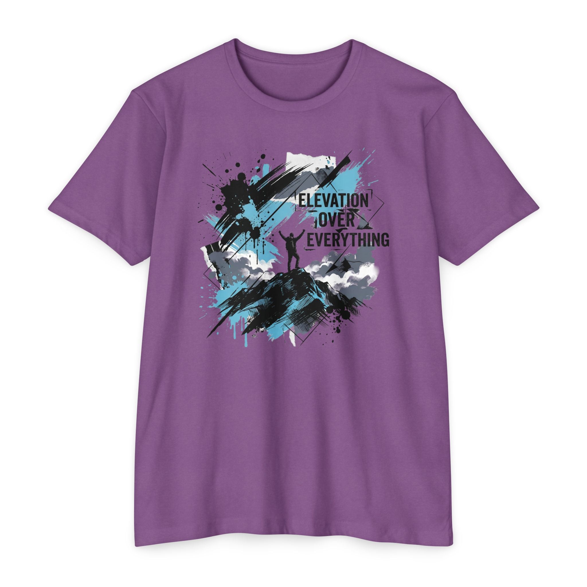 Purple unisex graphic T-shirt with mountain silhouette and colorful splatter text print