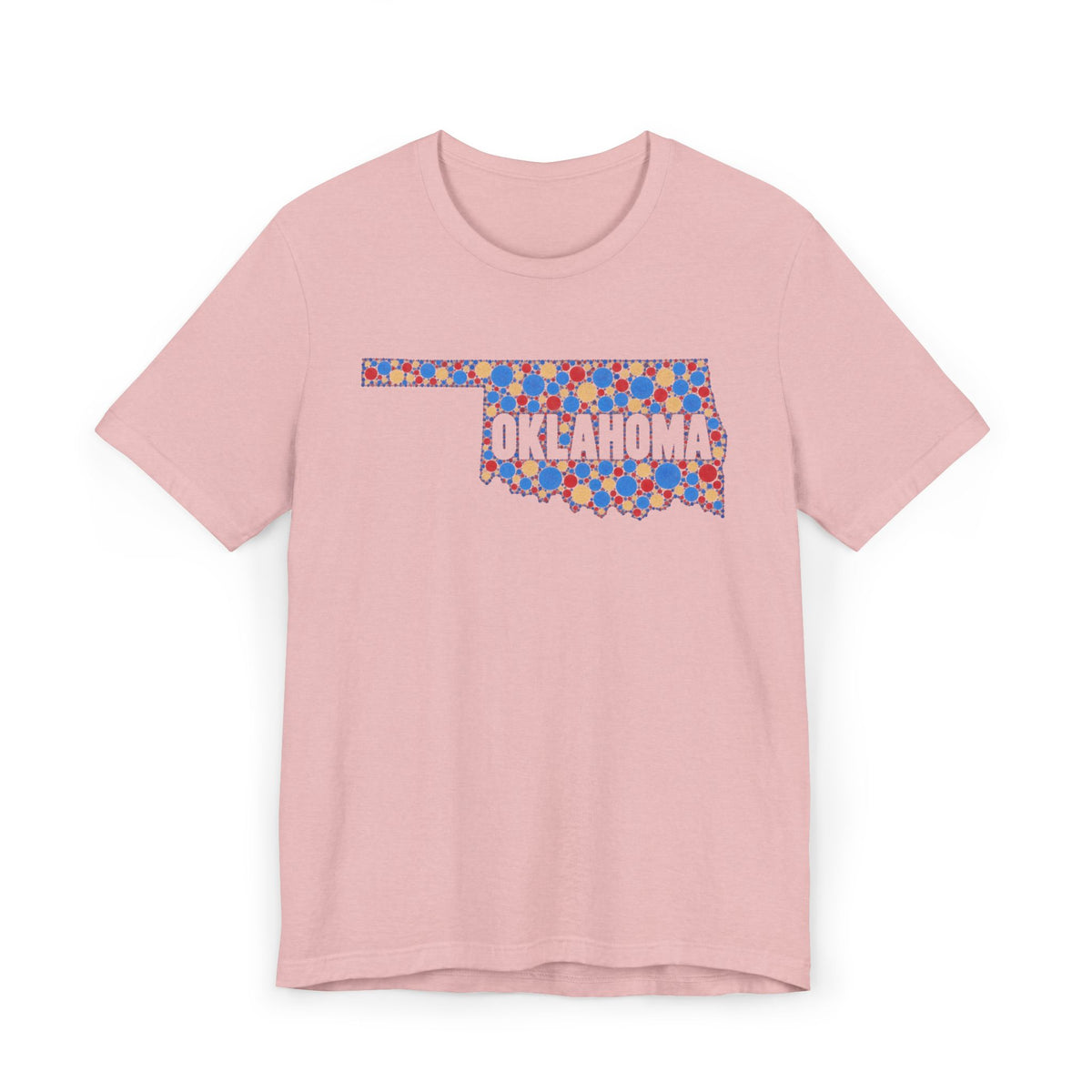 Dusty pink T-shirt with colorful Oklahoma floral map graphic across chest