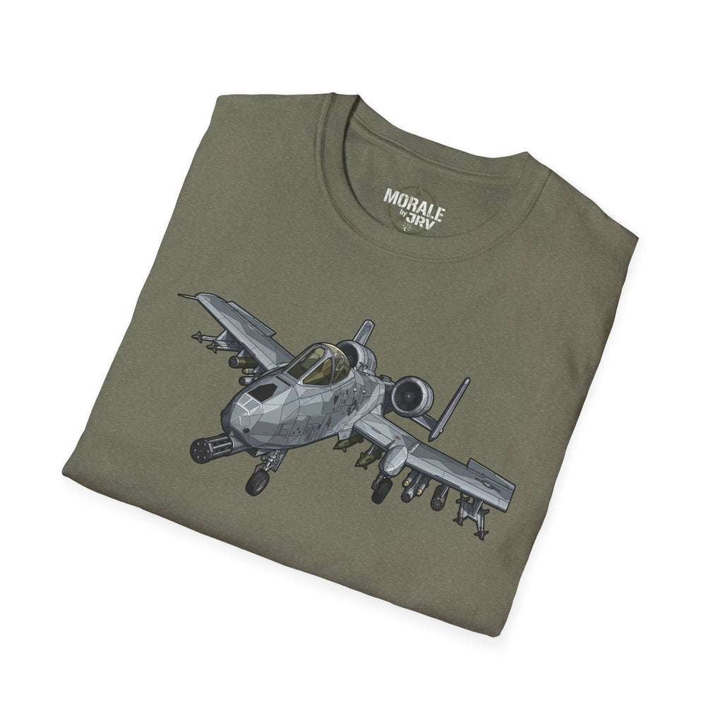Military green T-shirt with large jet aircraft graphic on the front