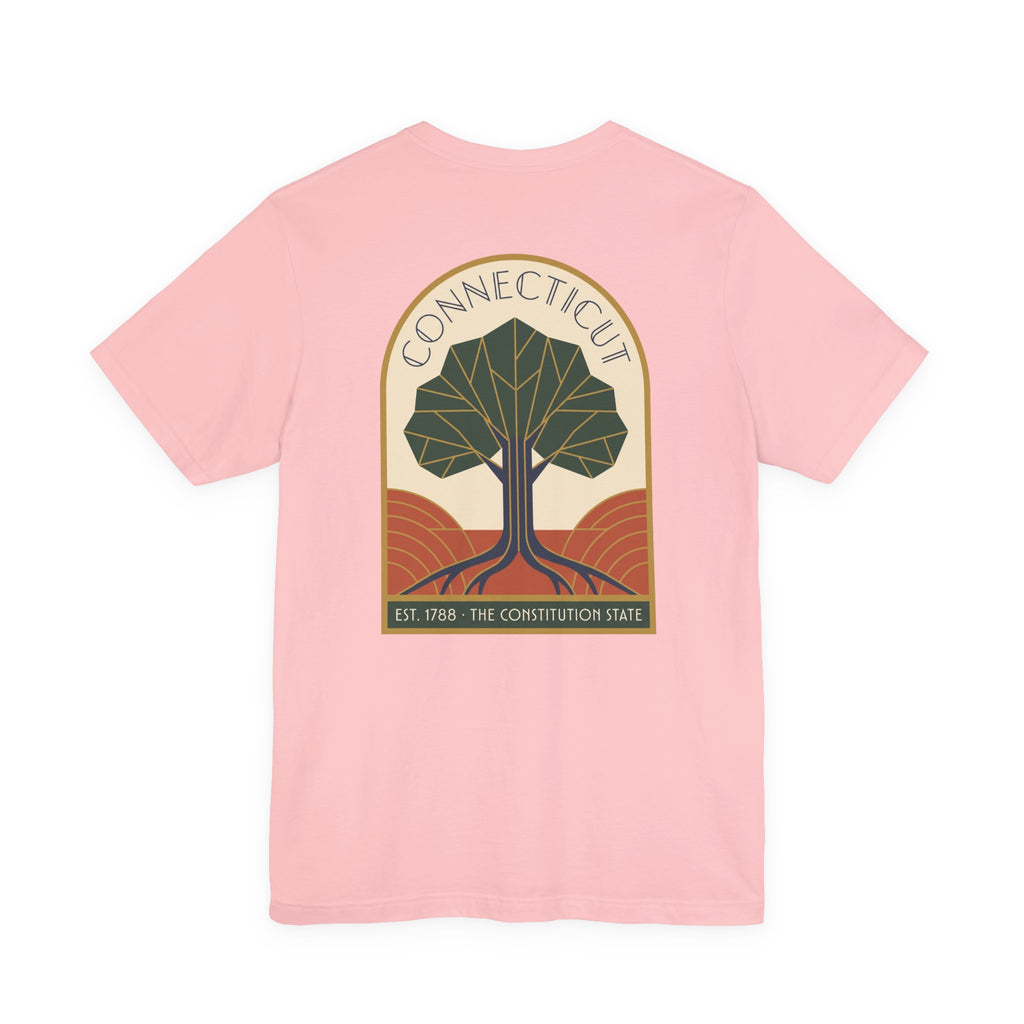 Light pink cotton T-shirt with Deco-style Connecticut tree graphic on the chest