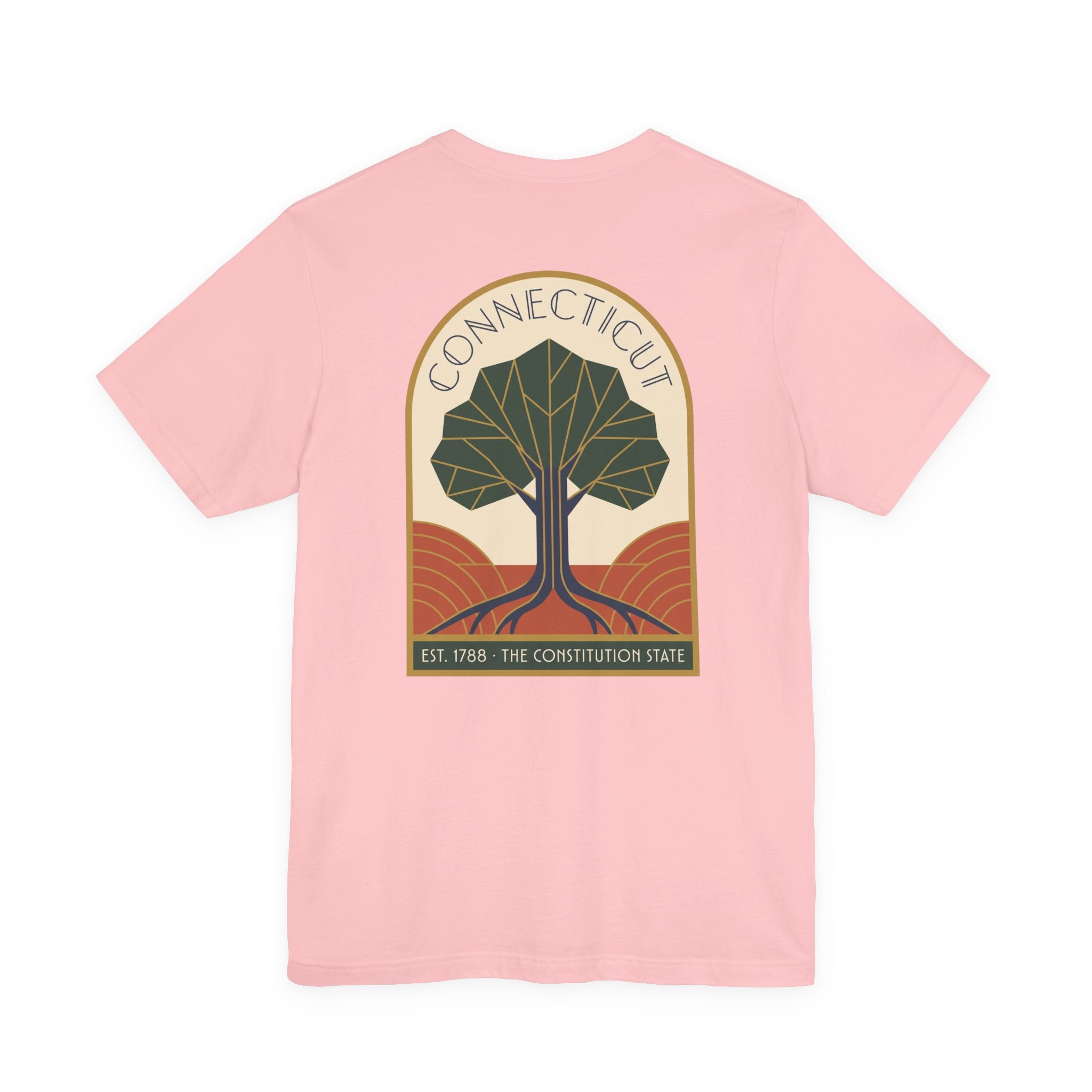 Light pink cotton T-shirt with Deco-style Connecticut tree graphic on the chest