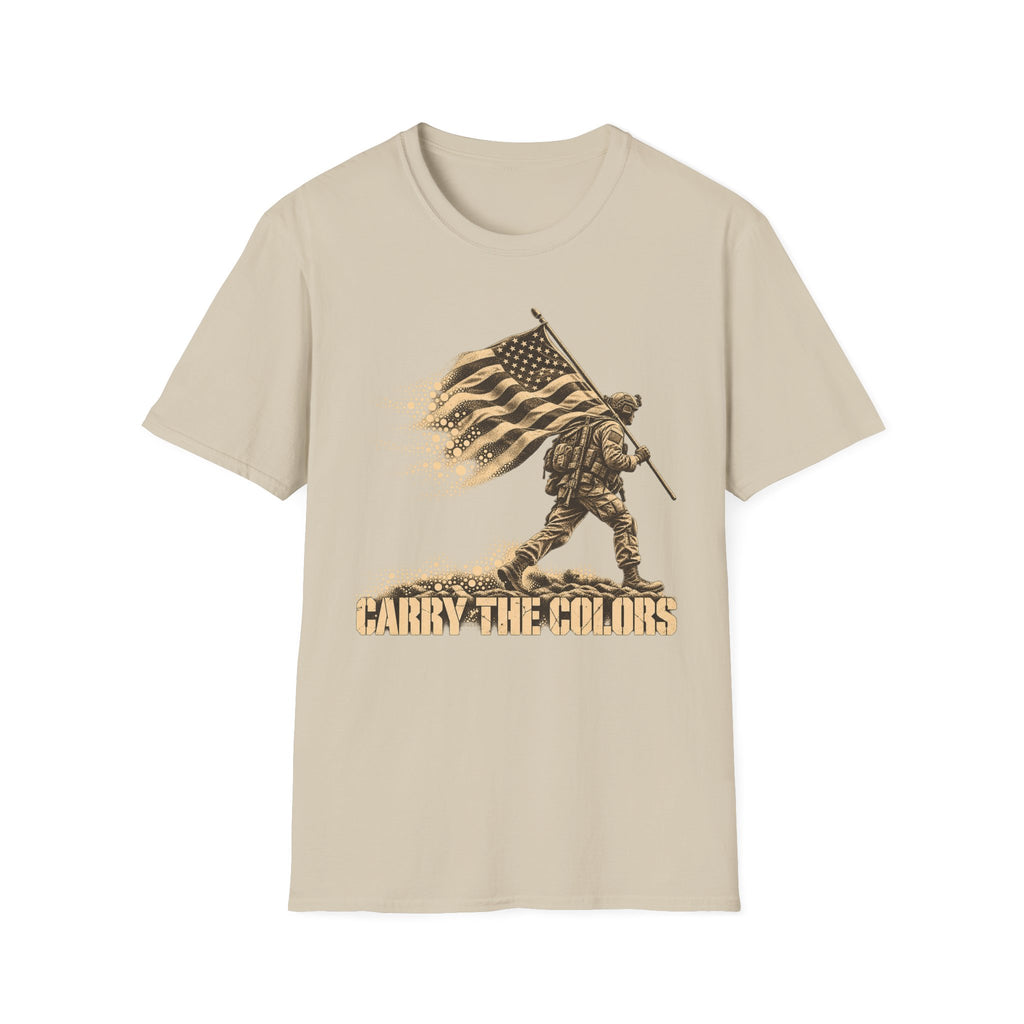 Beige t-shirt with gold soldier carrying flag graphic and “CARRY THE COLORS” text