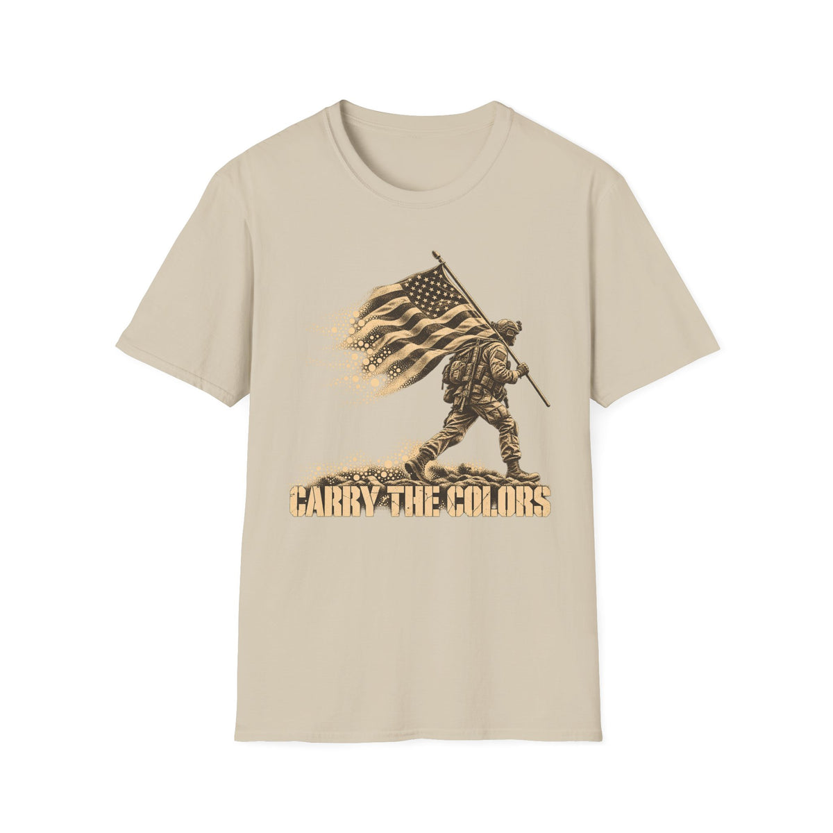 Beige t-shirt with gold soldier carrying flag graphic and “CARRY THE COLORS” text