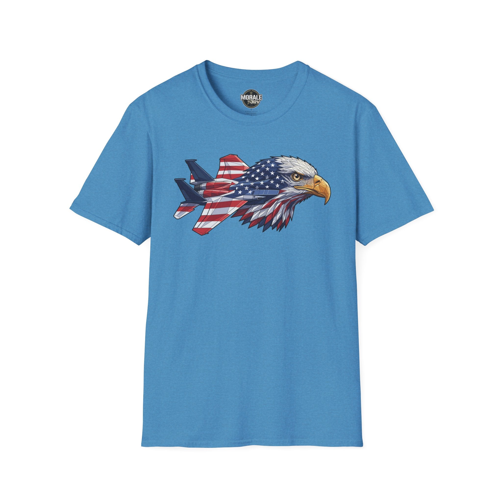 Patriotic eagle graphic T-shirt (light blue) with plane and American flag design