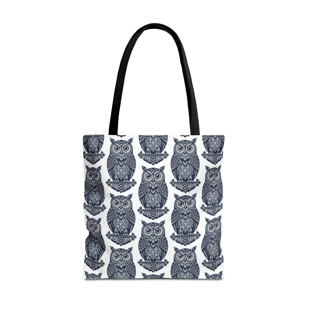 Navy owl tote bag featuring repeating hand-drawn owls, with dark top carry handles