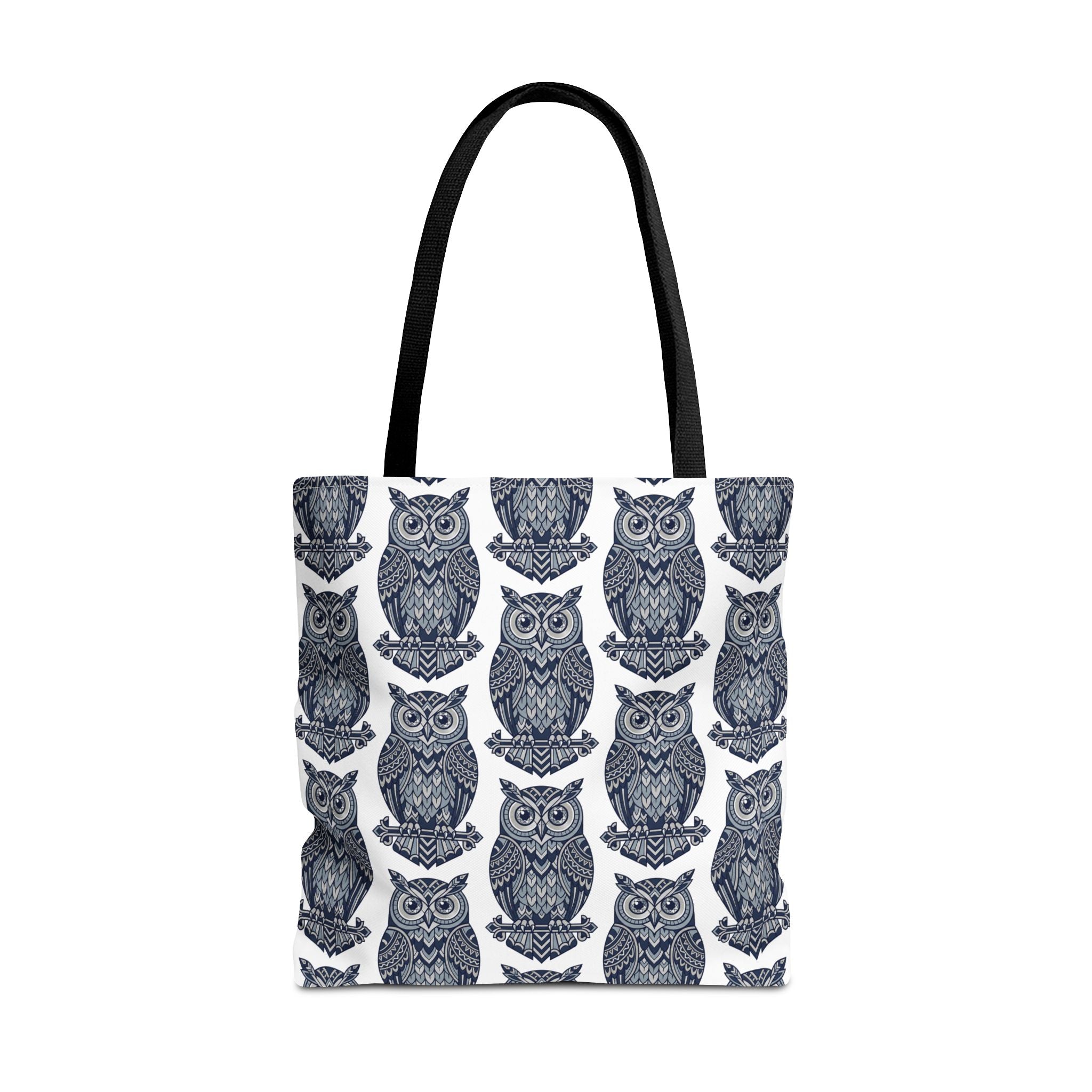 Navy owl tote bag featuring repeating hand-drawn owls, with dark top carry handles