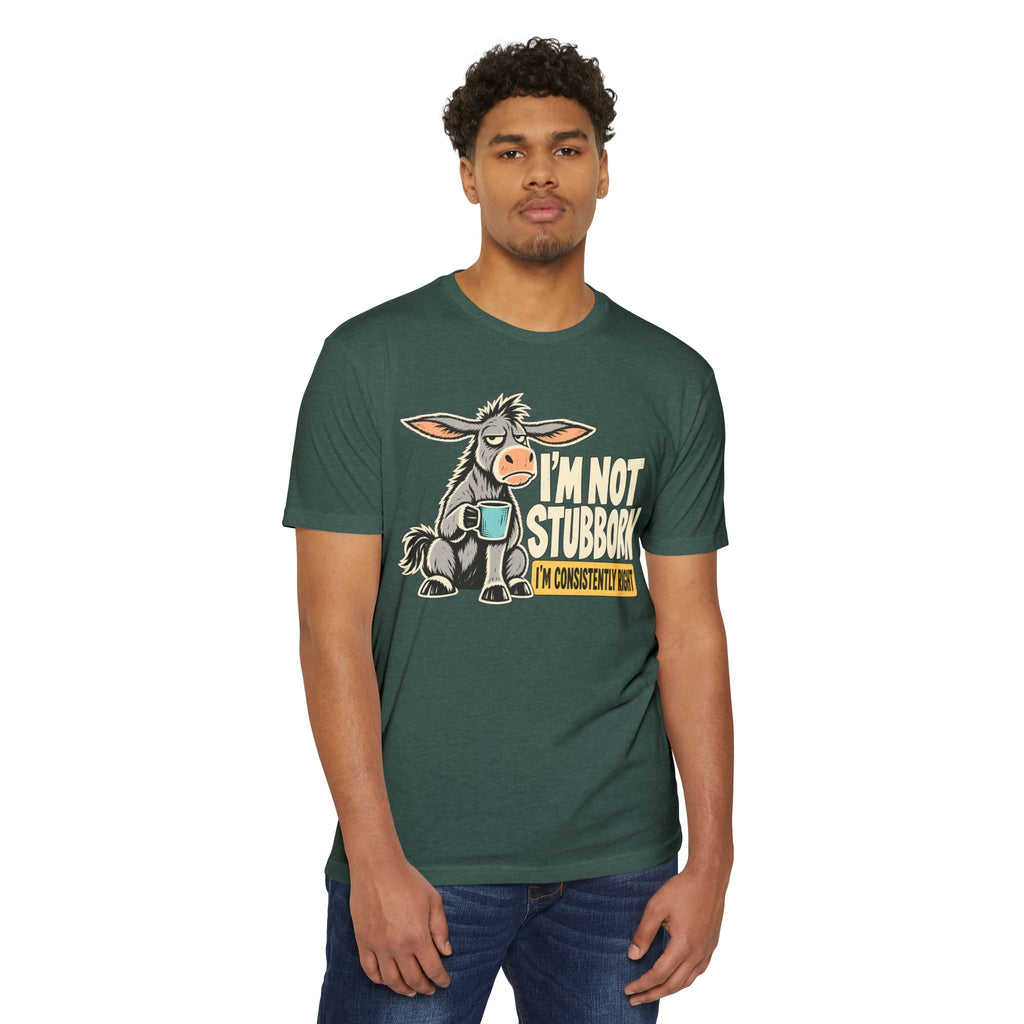 Dark green graphic T-shirt with stubborn donkey cartoon on chest