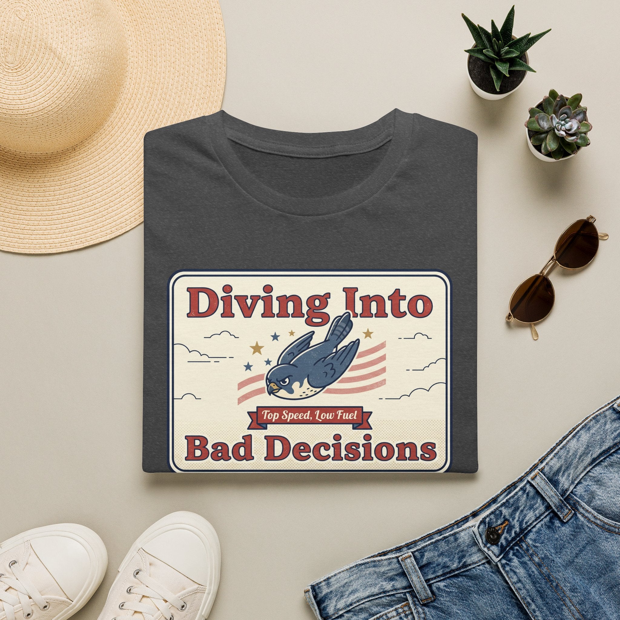 Charcoal T-shirt with retro shark graphic and "Diving Into Bad Decisions" text.