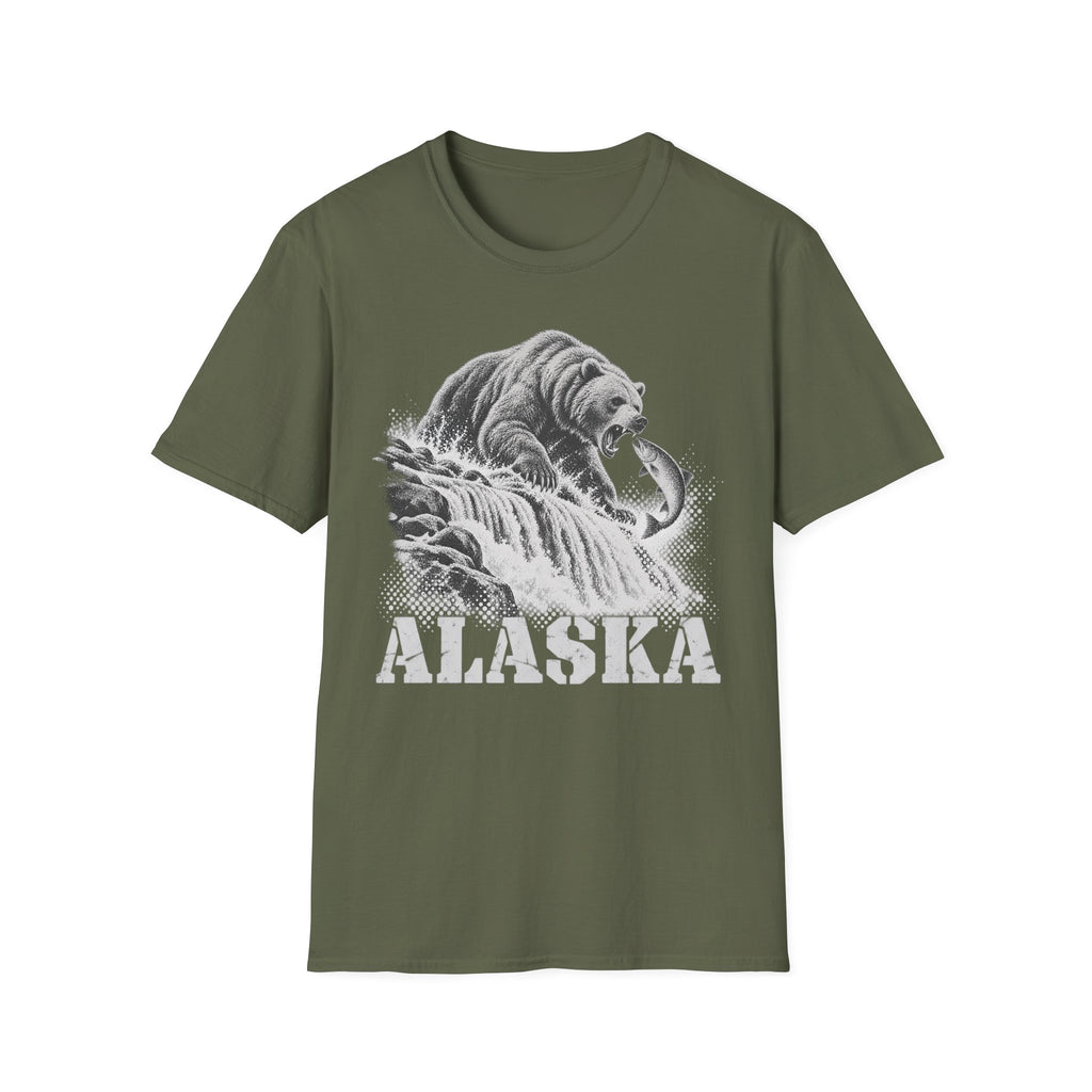 Olive green graphic t-shirt with grizzly bear and ALASKA text print