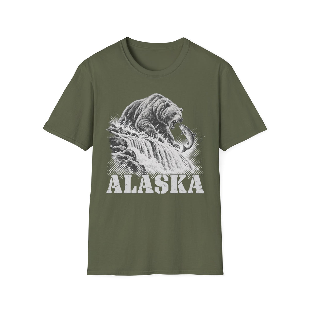 Olive green graphic t-shirt with grizzly bear and ALASKA text print