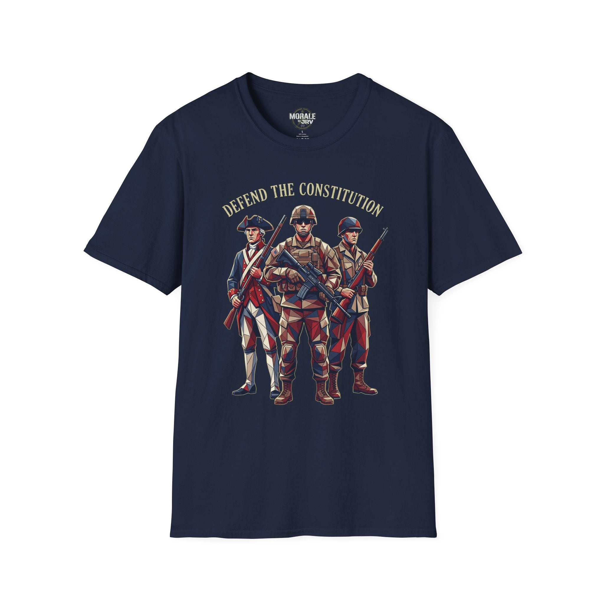 Defend the Constitution T-shirt, navy with patriotic soldiers graphic and slogan