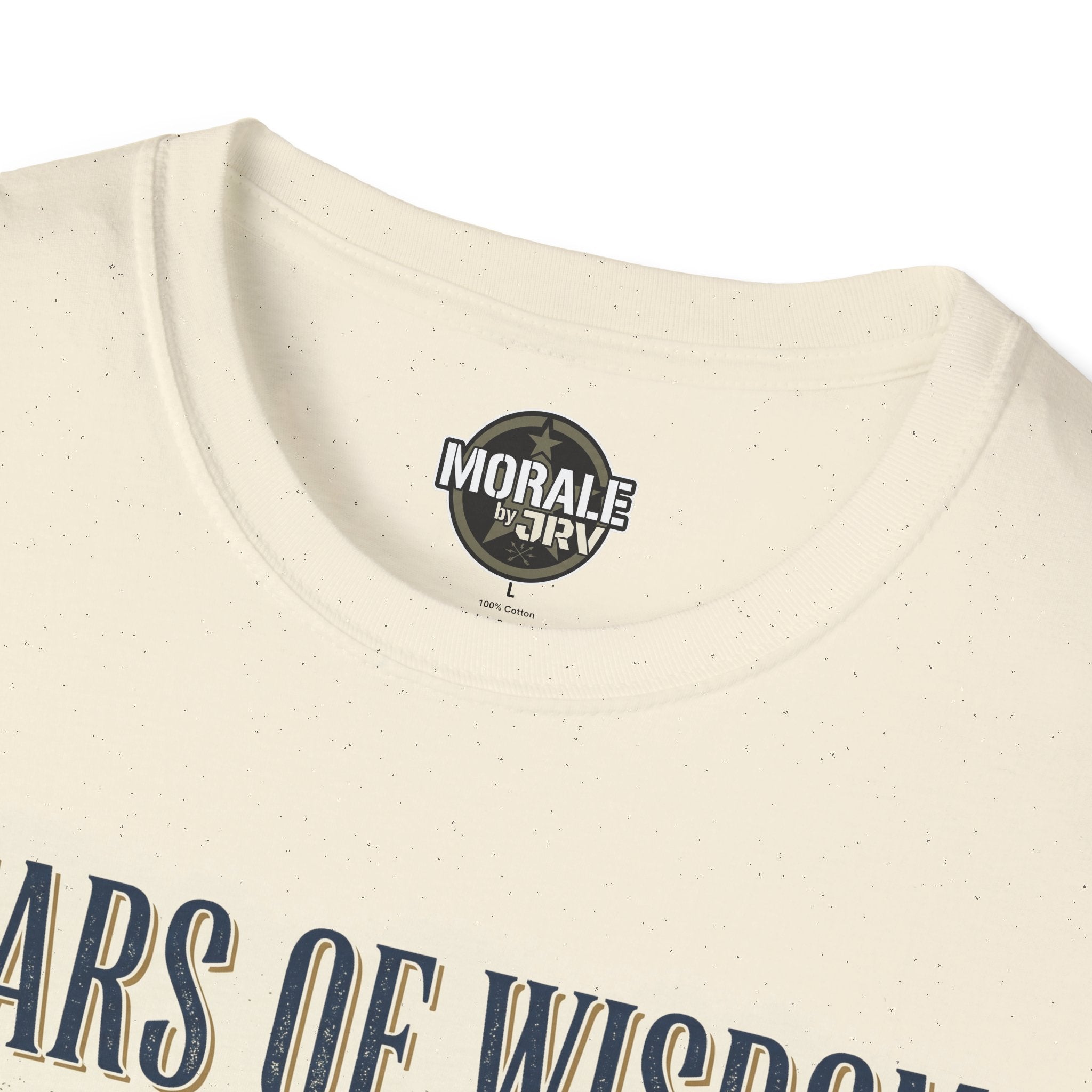 Cream T-shirt neckline with circular brand logo and top of “Years of Wisdom” print