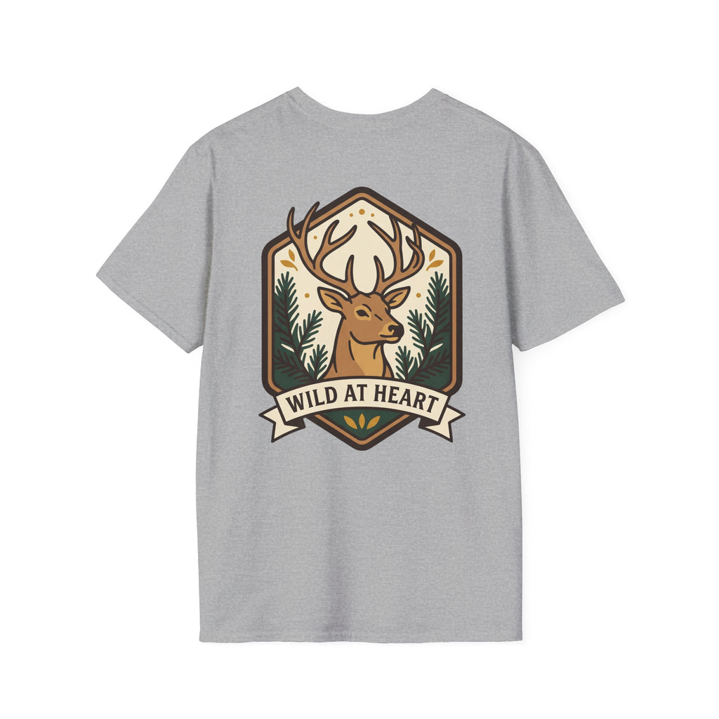 Sport grey deer t-shirt with colorful Wild at Heart badge and stag head
