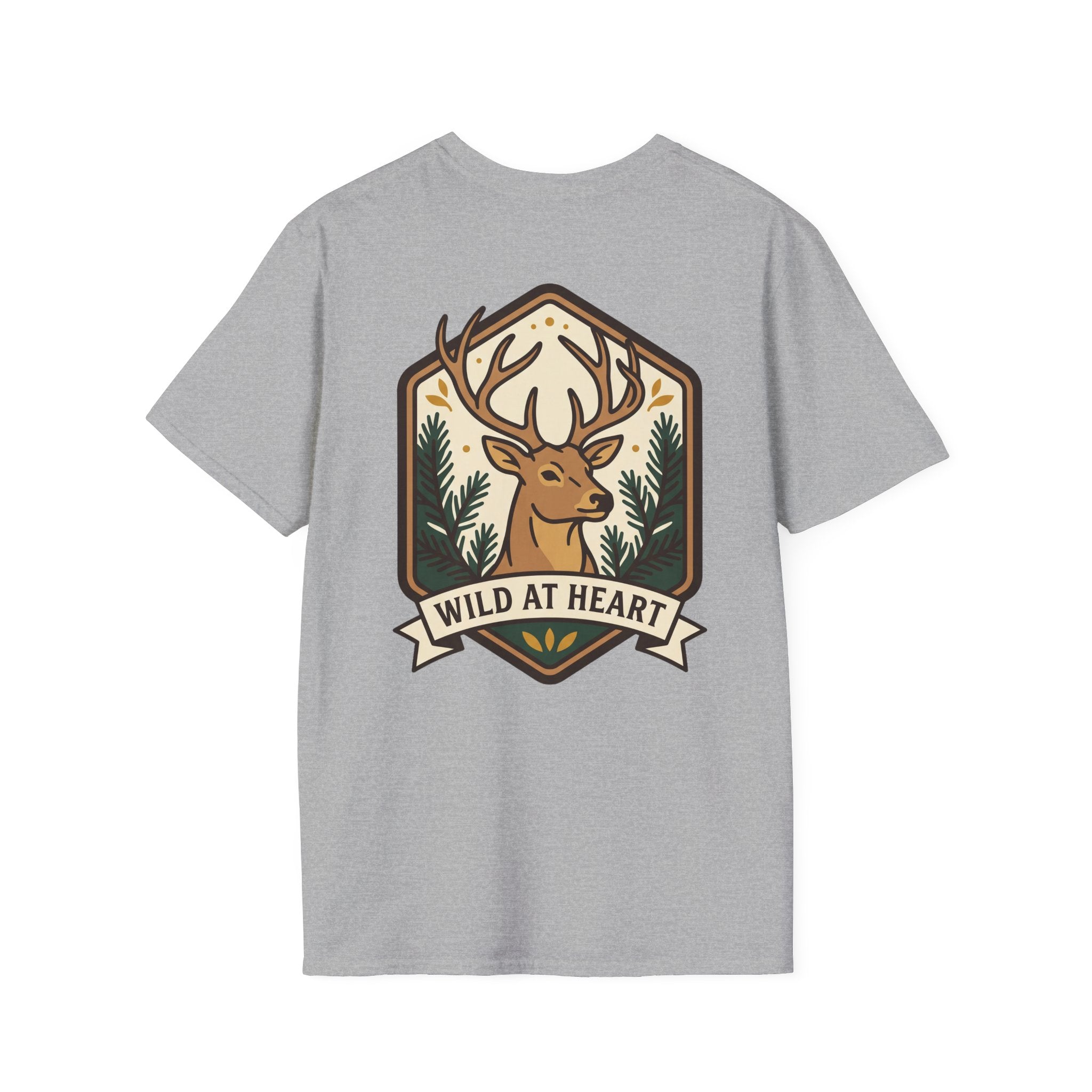 Sport grey deer t-shirt with colorful Wild at Heart badge and stag head