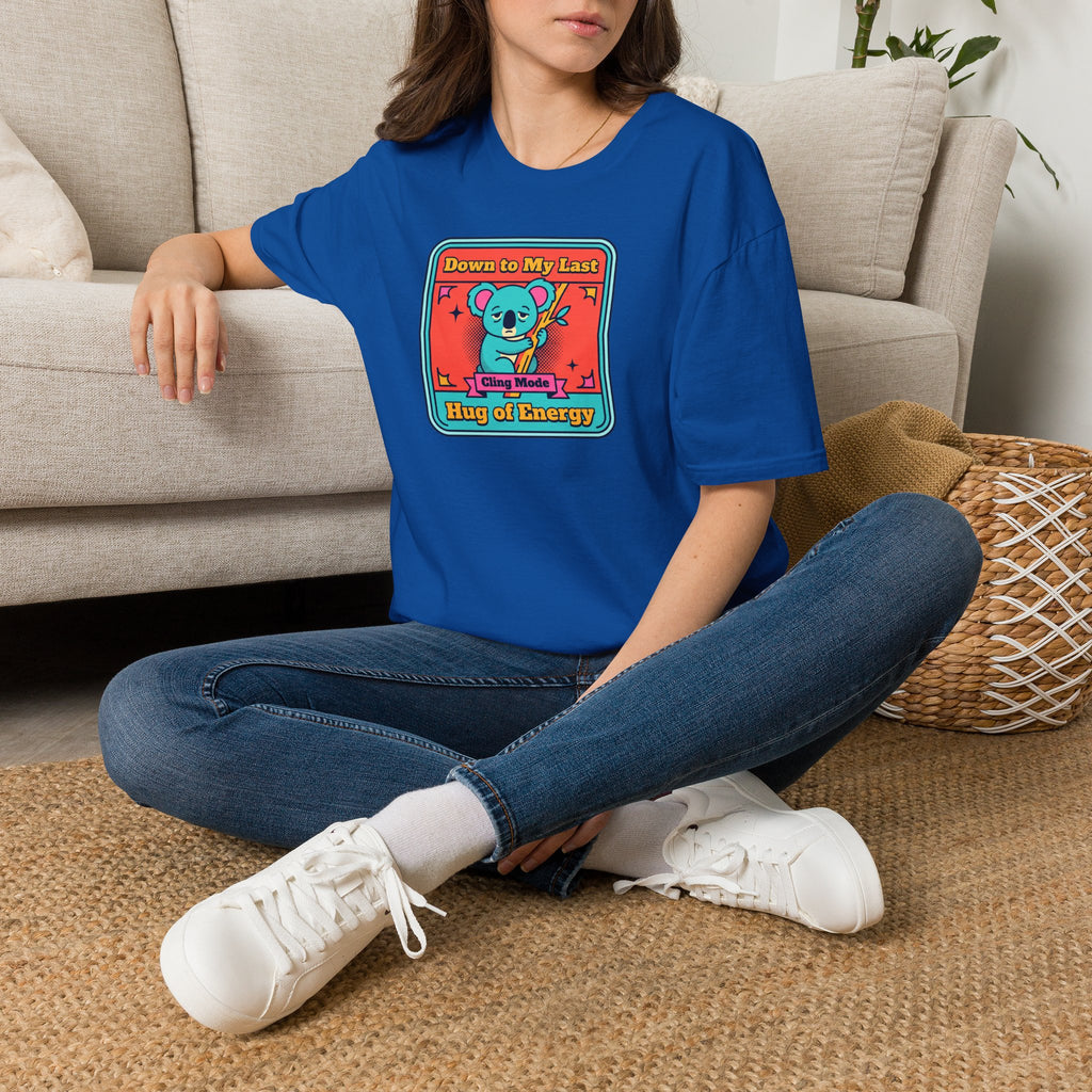 Blue graphic T-shirt with koala hug energy badge chest print