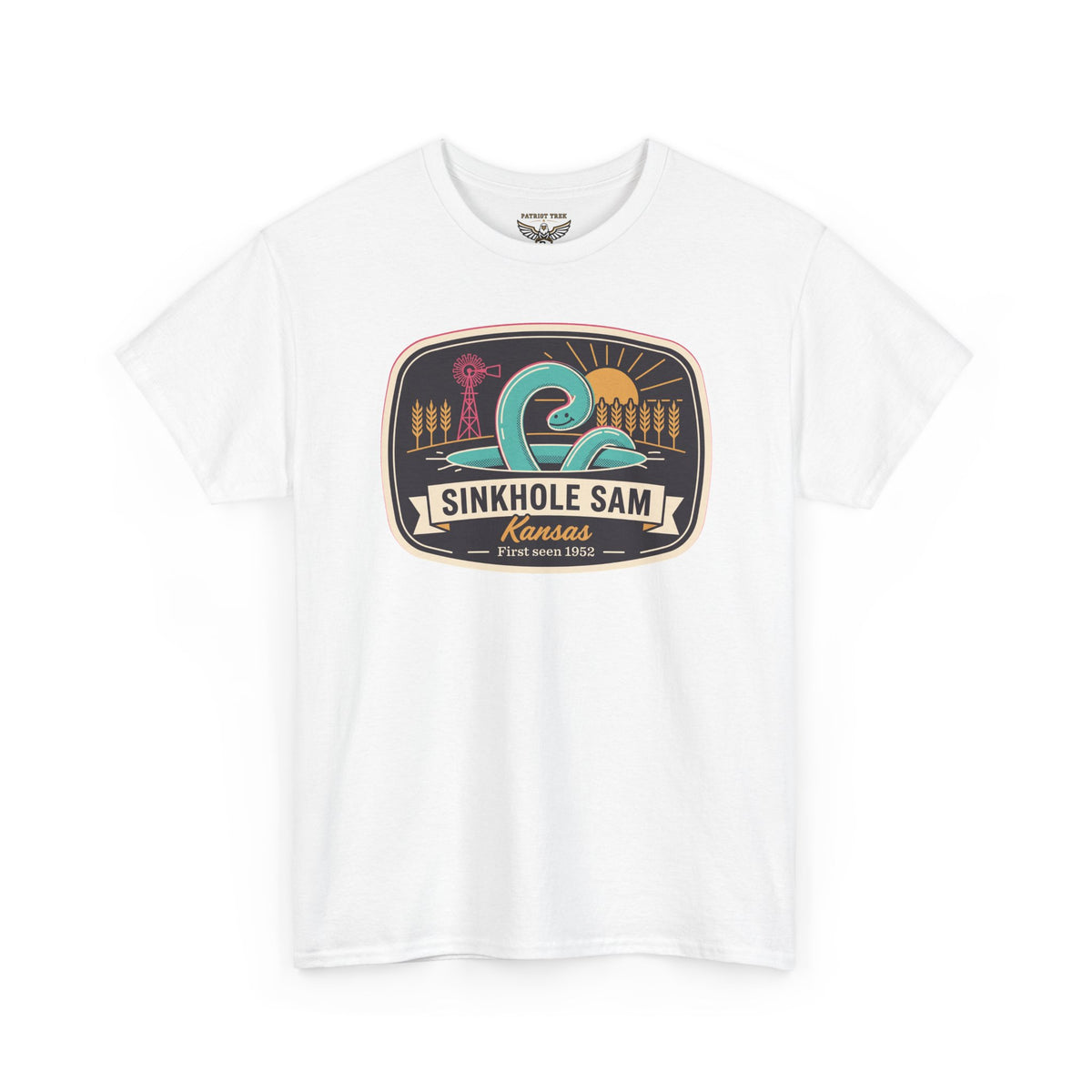 White retro travel badge graphic T-shirt with crew neck and short sleeves