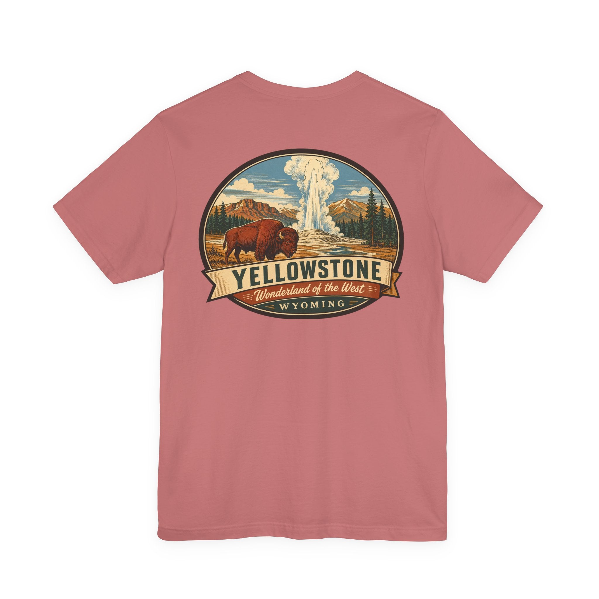 Dusty rose Yellowstone t-shirt with circular bison and geyser graphic on chest