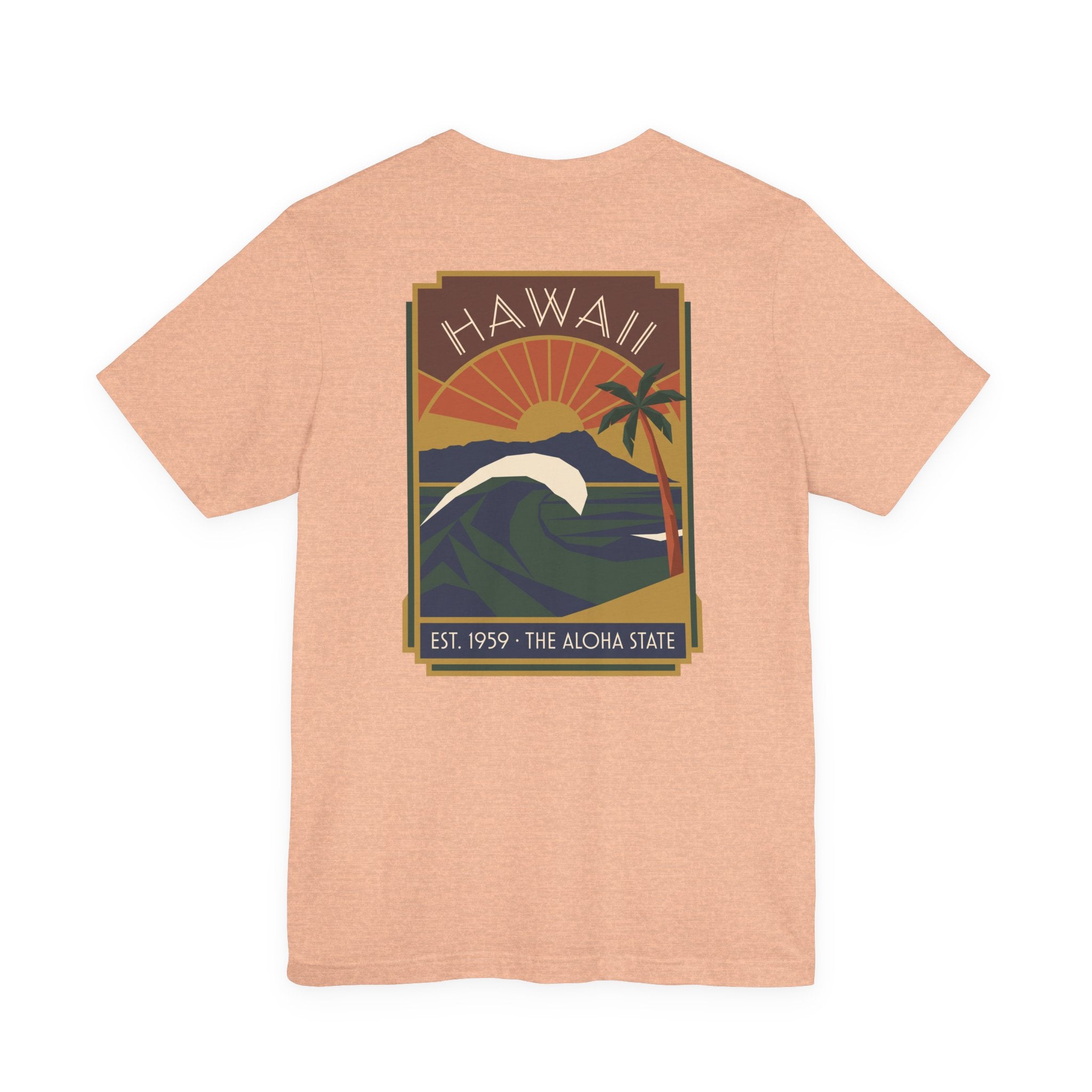 Light peach T-shirt with vintage Hawaii sunset and wave graphic print