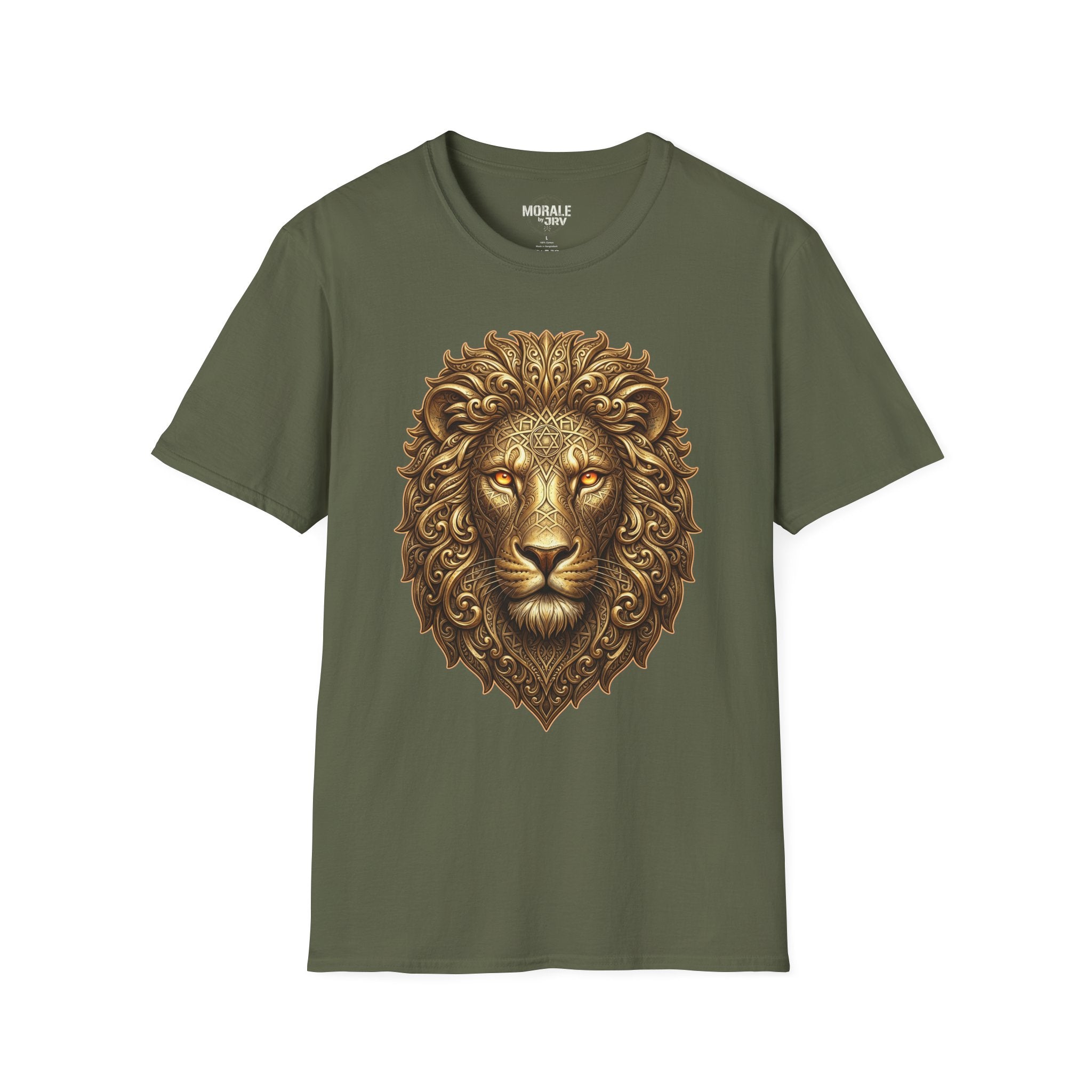 Ornate gold lion head t-shirt on military green fabric, detailed lion artwork