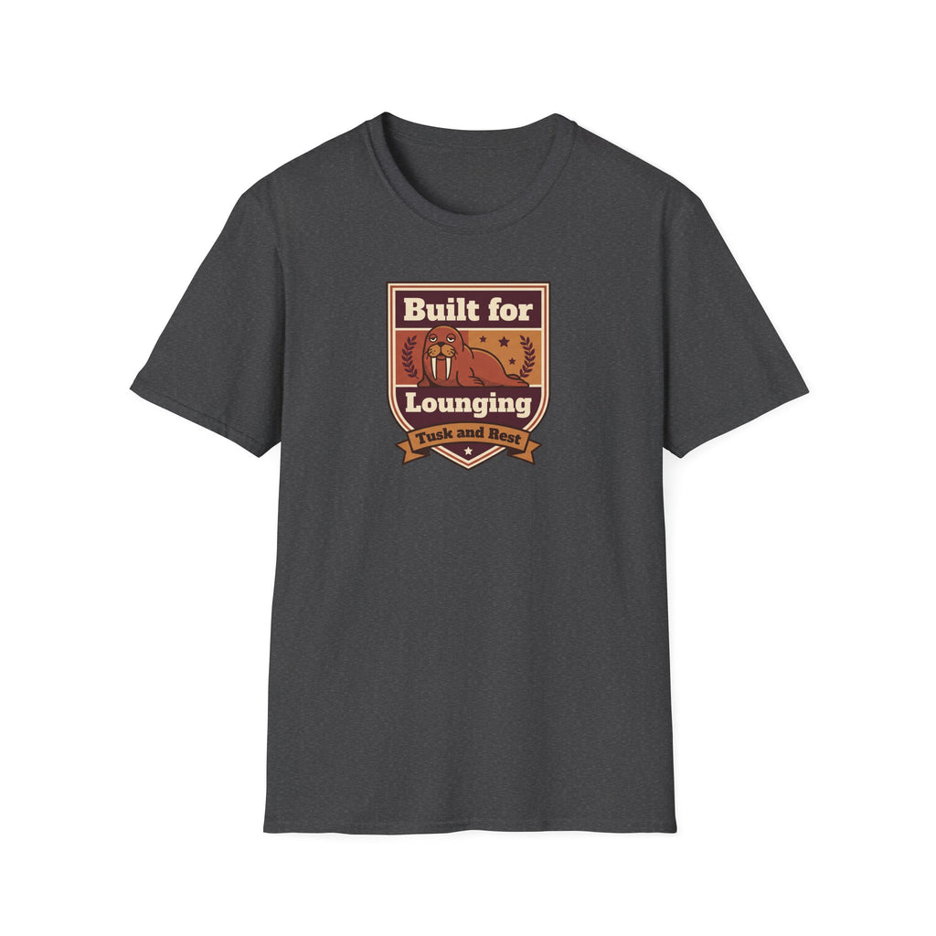 Charcoal gray short-sleeve T-shirt with walrus logo graphic on chest
