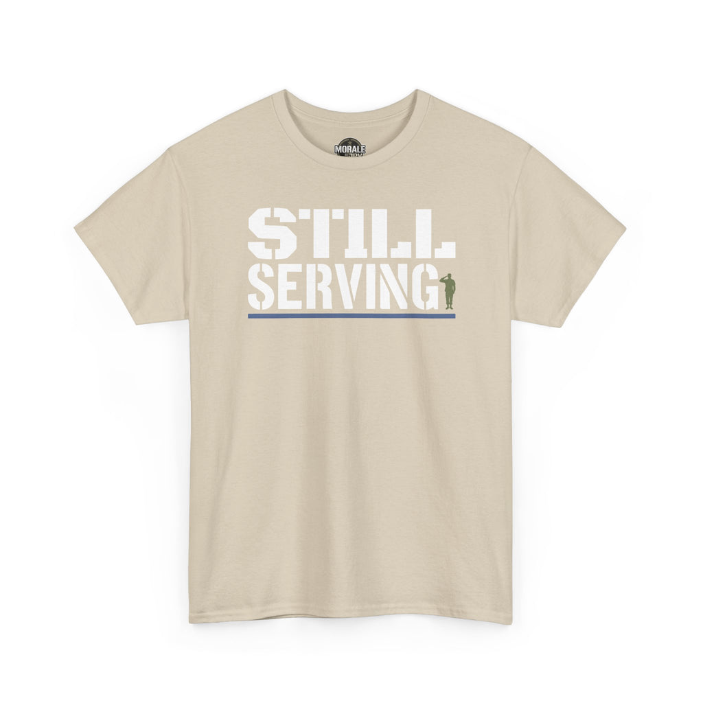 Beige crewneck t-shirt with “STILL SERVING” graphic
