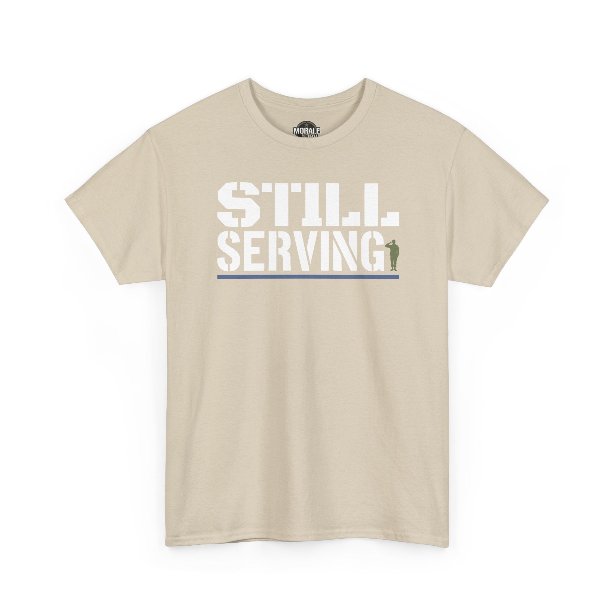 Beige crewneck t-shirt with “STILL SERVING” graphic