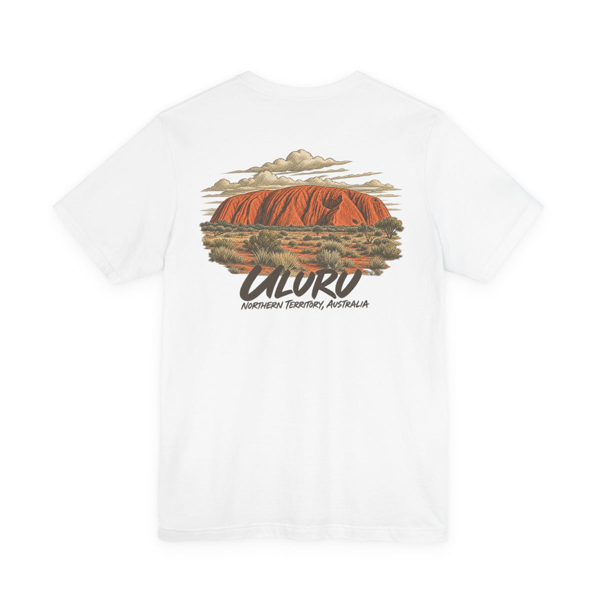 White crewneck T-shirt with large Uluru landscape graphic on back