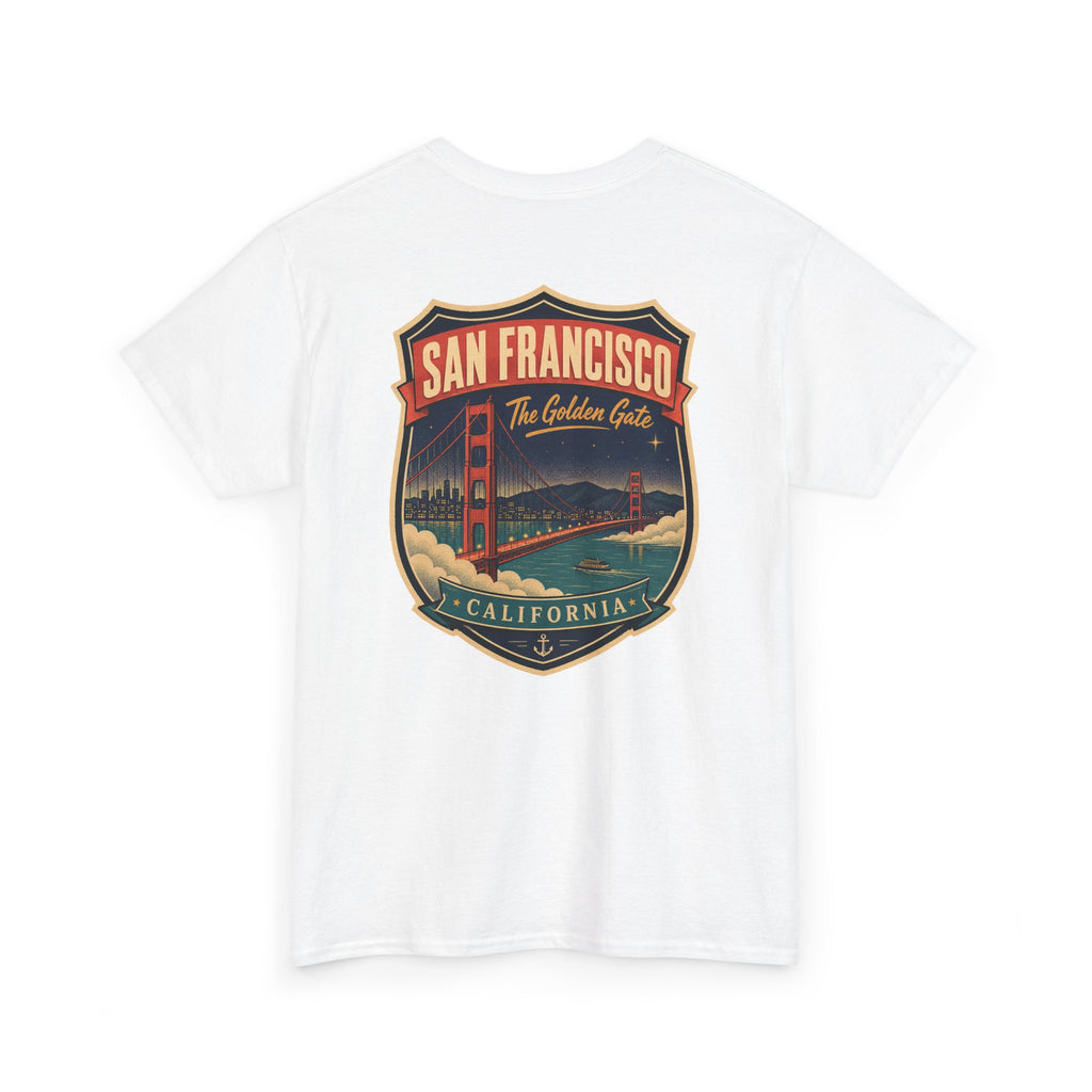 White T-shirt with San Francisco city luggage tag badge graphic