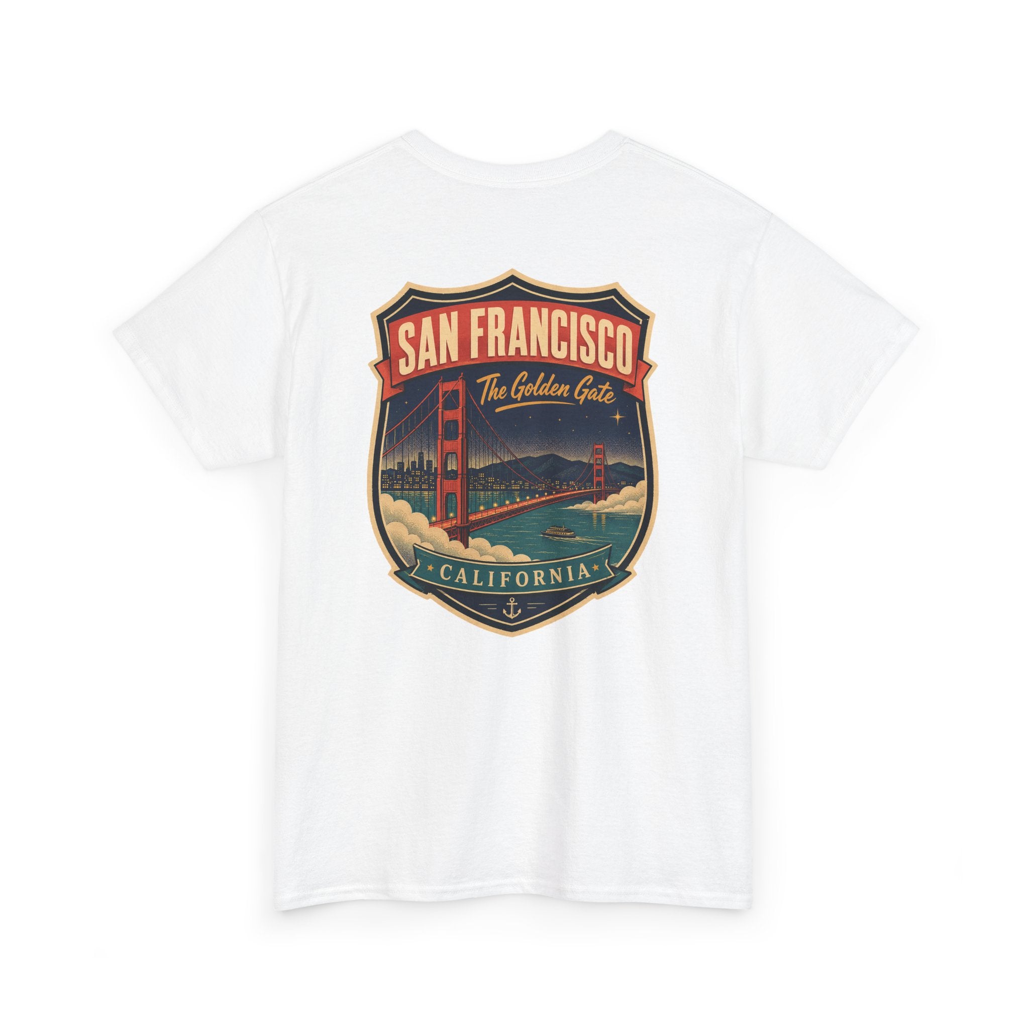 White T-shirt with San Francisco city luggage tag badge graphic