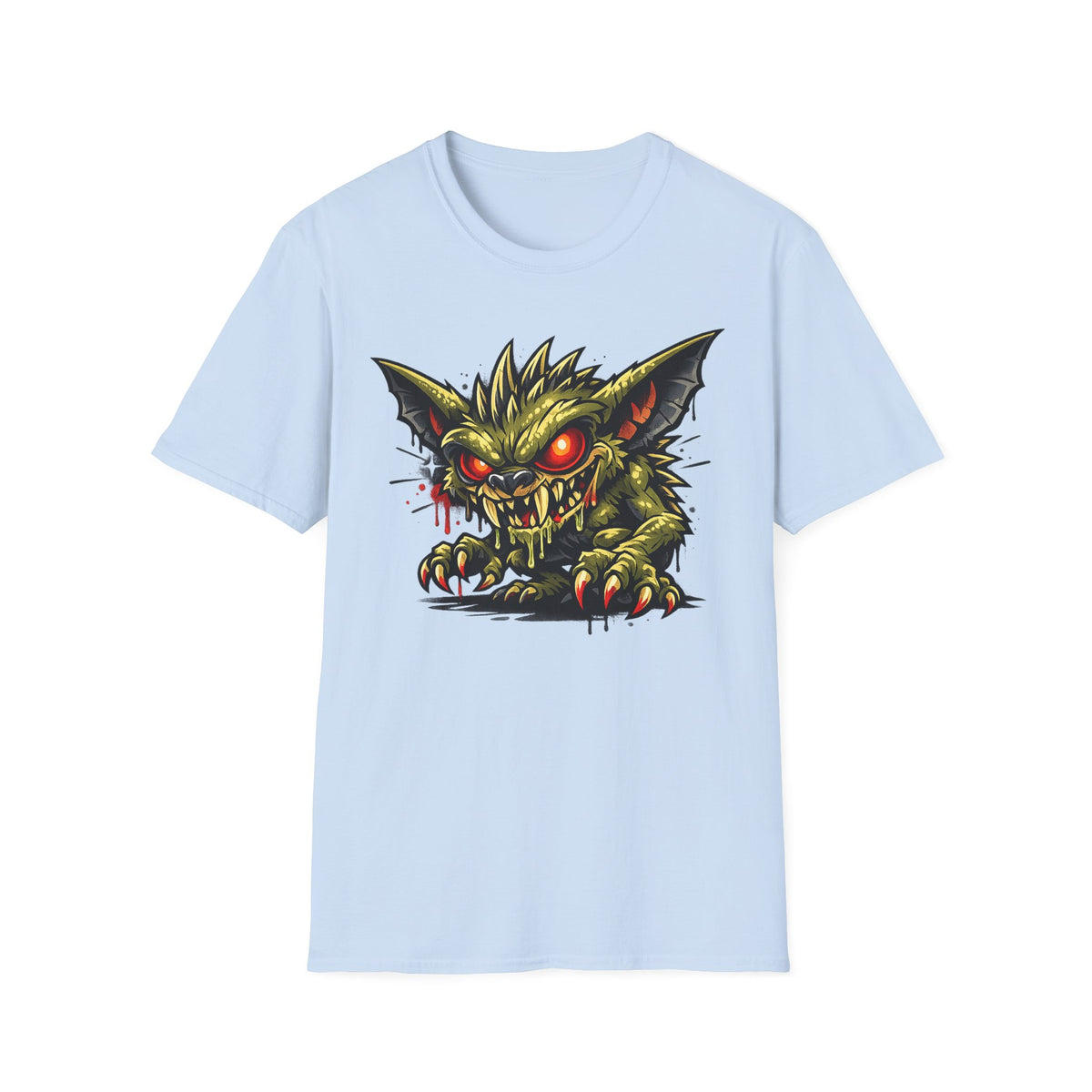 Light blue crew-neck T-shirt with green gremlin skull and red glowing eyes chest graphic