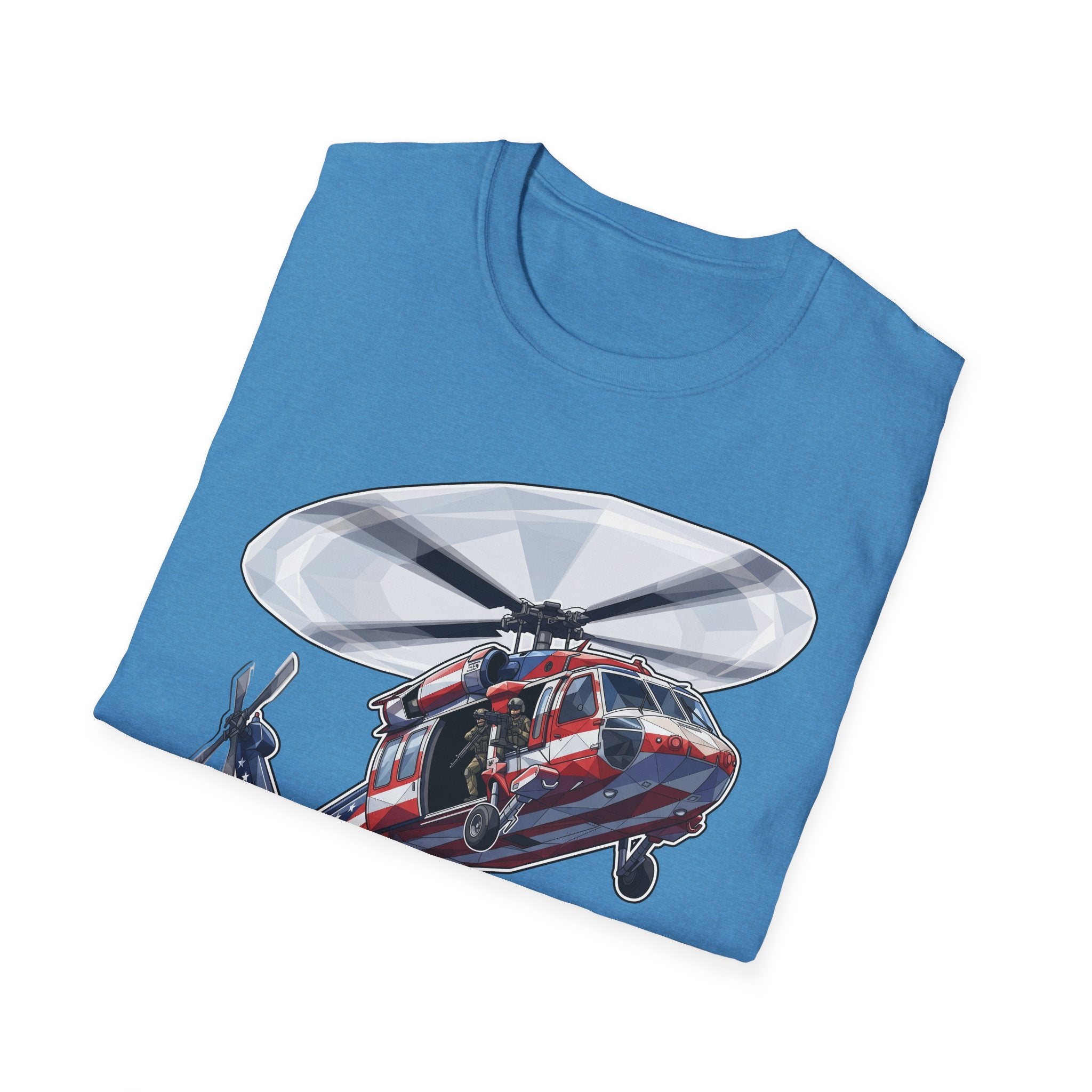 Blue heather T-shirt with rescue helicopter graphic and American flag details