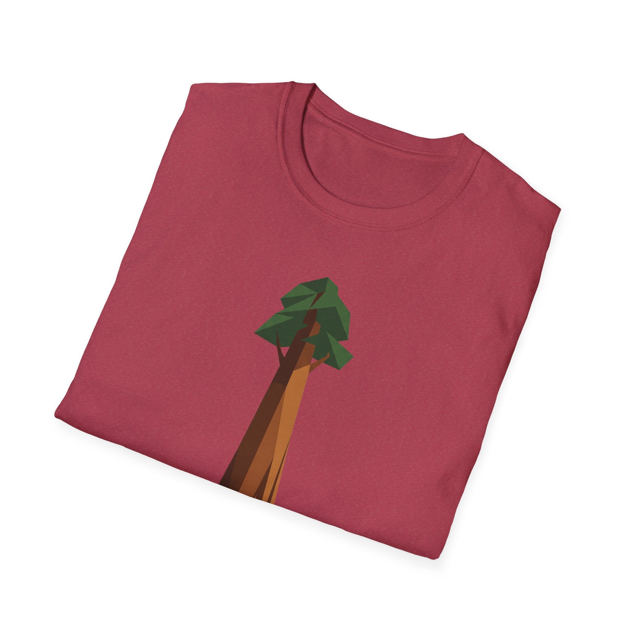 Redwood-Tree T-Shirt, weinrot, Low-Poly Redwood-Baumgrafik mittig
