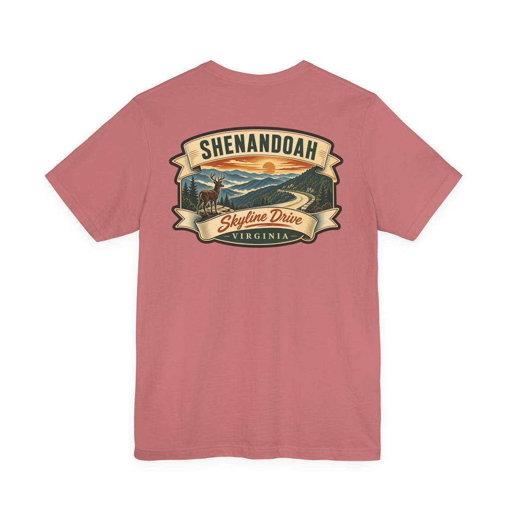 Rose crew-neck t-shirt with Shenandoah Skyline Drive ribbon graphic