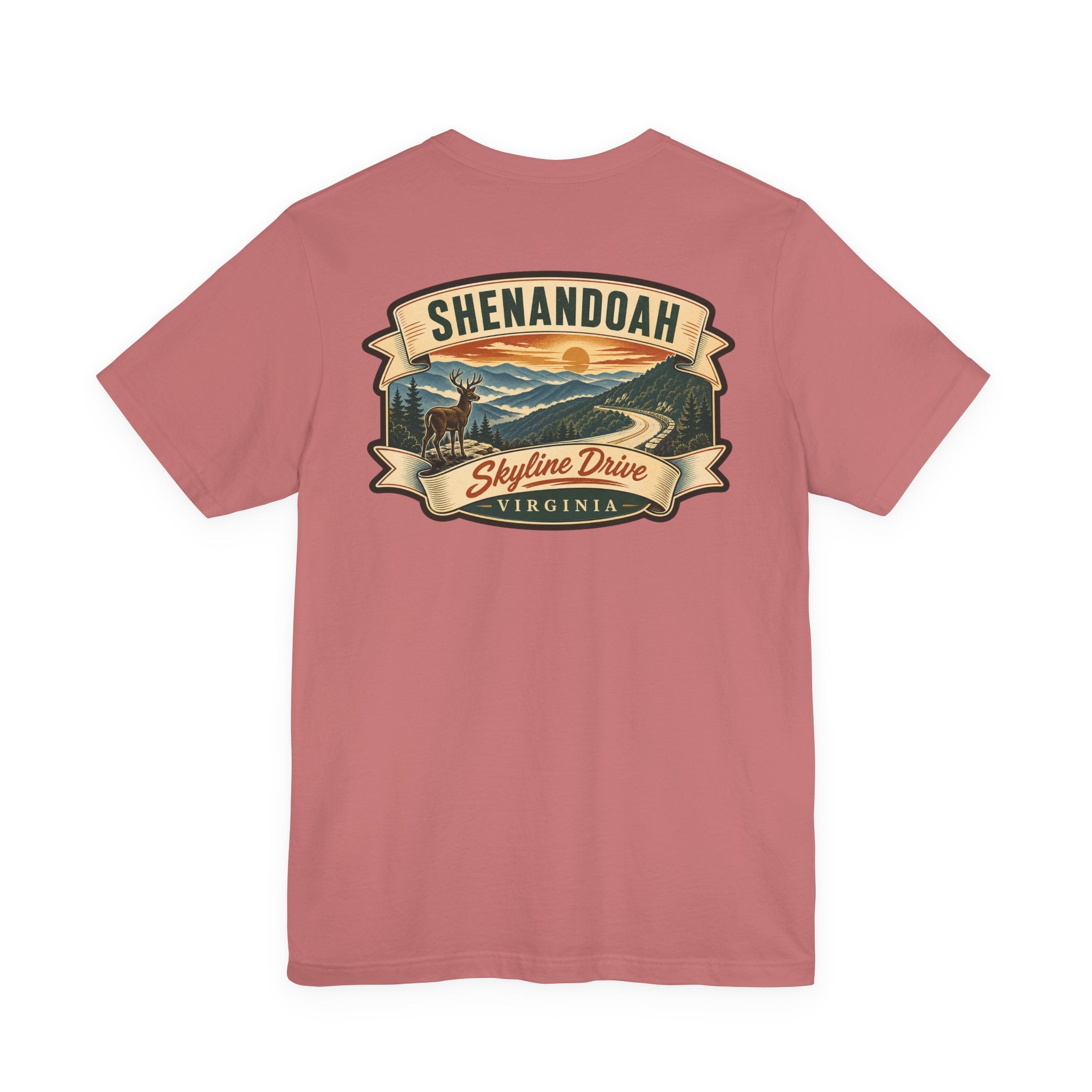 Rose crew-neck t-shirt with Shenandoah Skyline Drive ribbon graphic