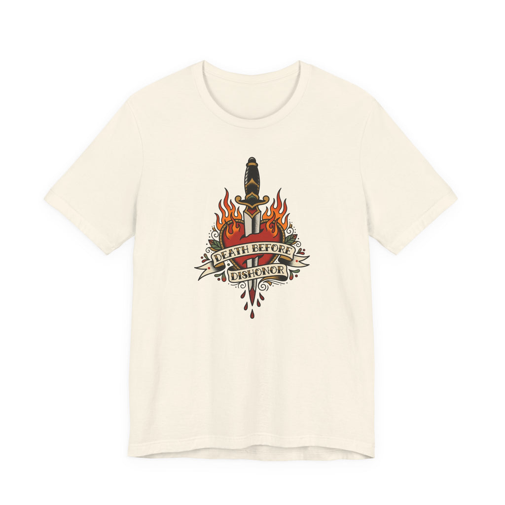 Off-white crewneck T-shirt with flame dagger graphic on front