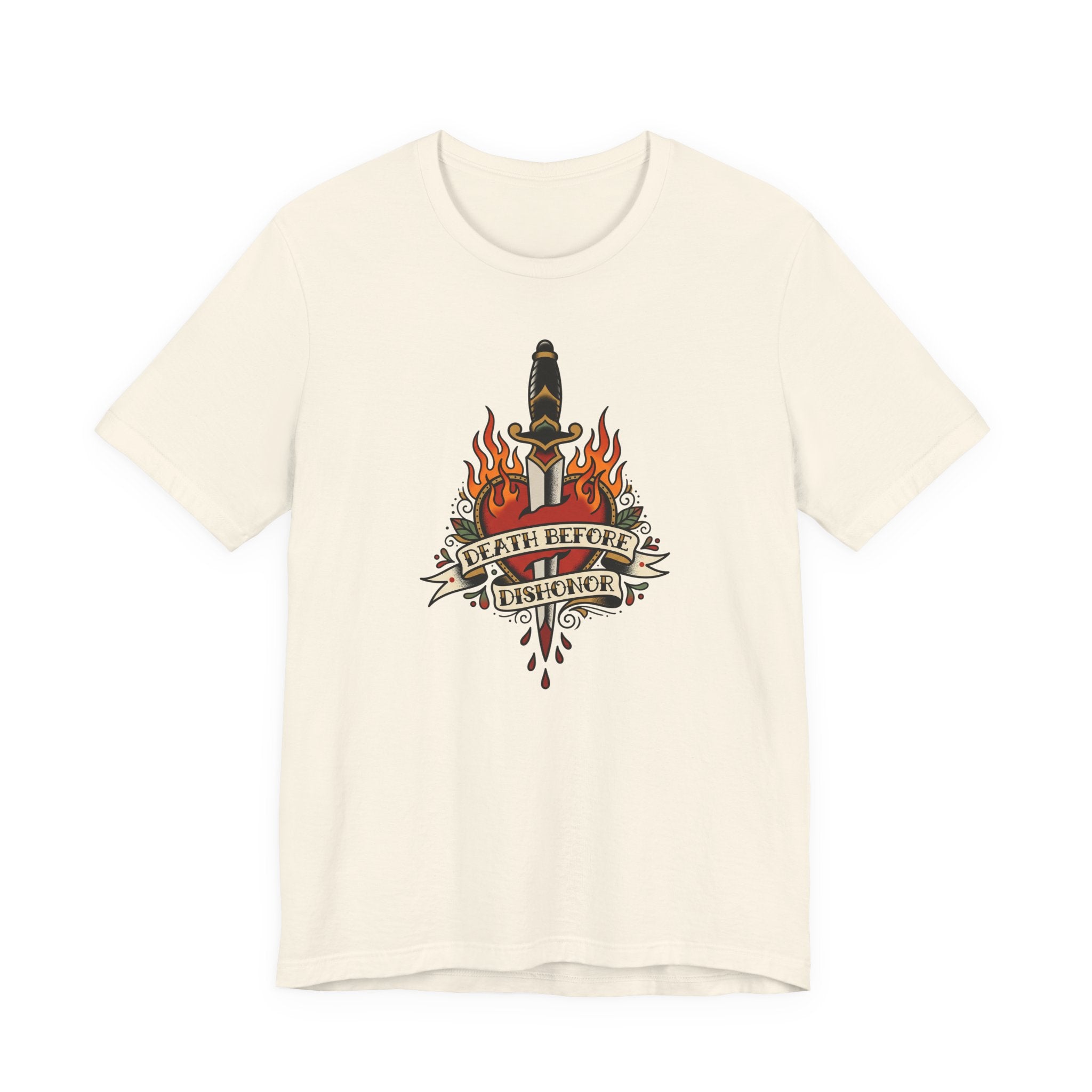 Off-white crewneck T-shirt with flame dagger graphic on front
