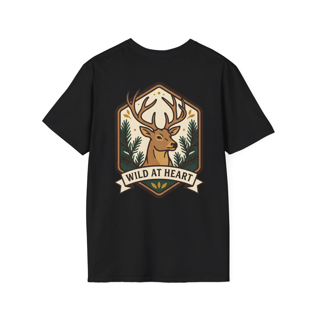 Black deer t-shirt with colorful Wild at Heart badge featuring stag head