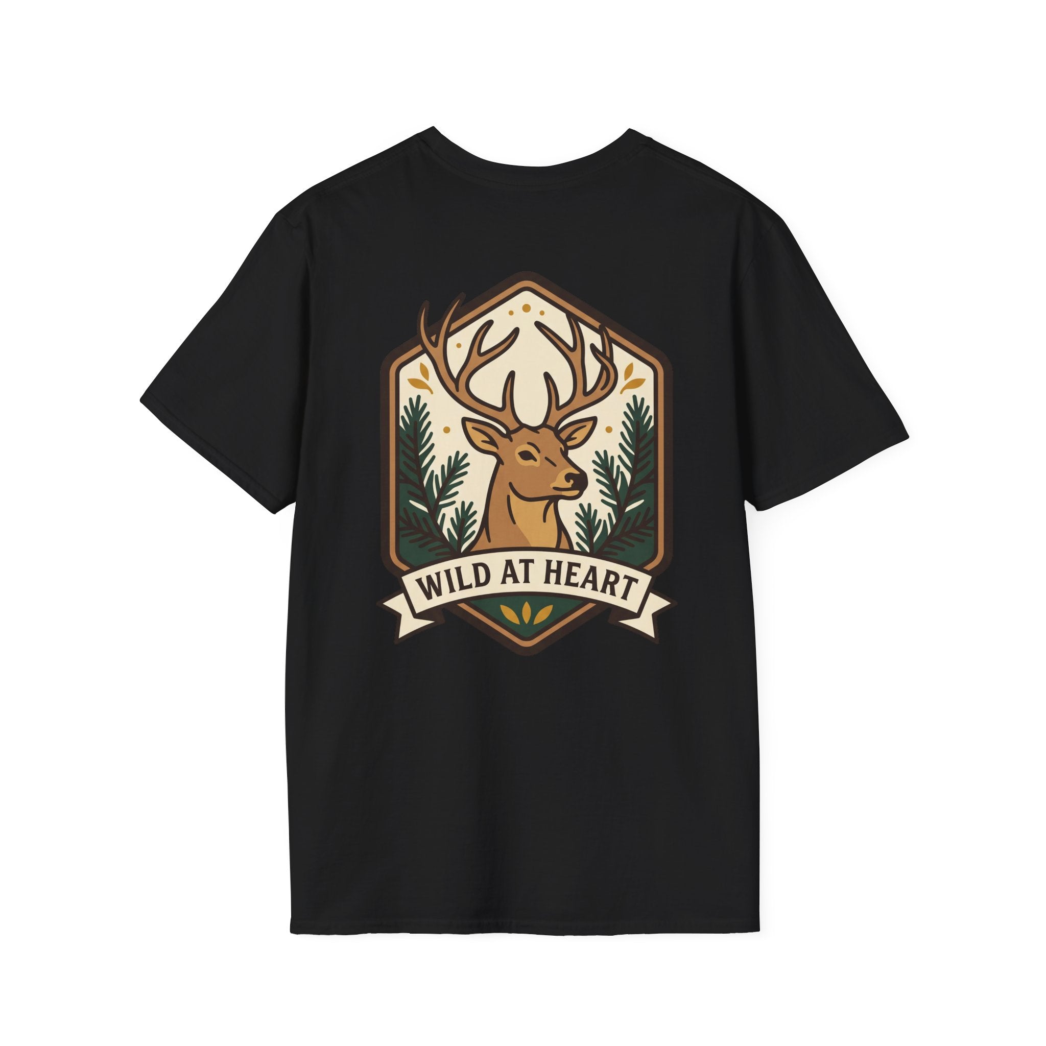 Black deer t-shirt with colorful Wild at Heart badge featuring stag head