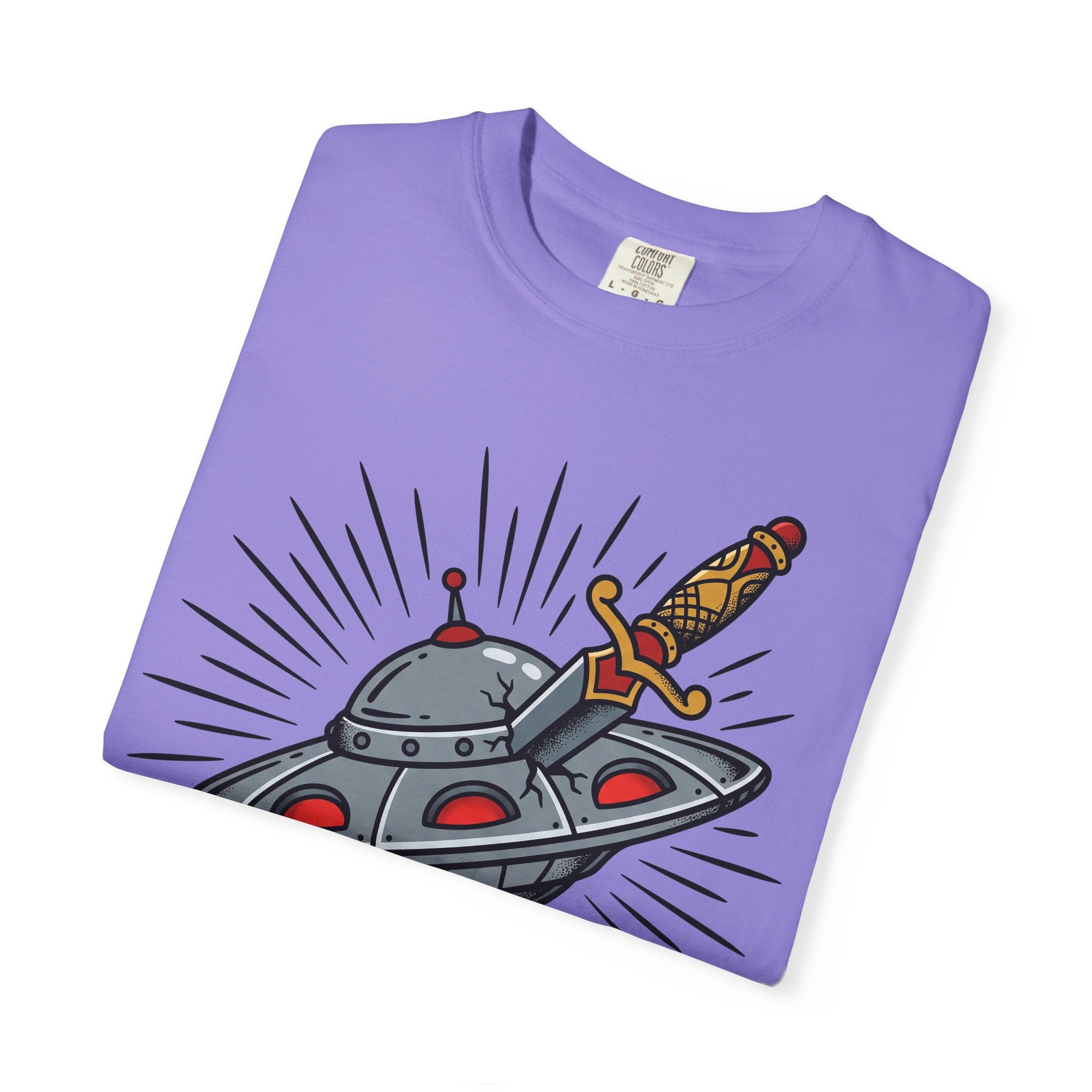 Lavender T-shirt with retro UFO and dagger graphic in center