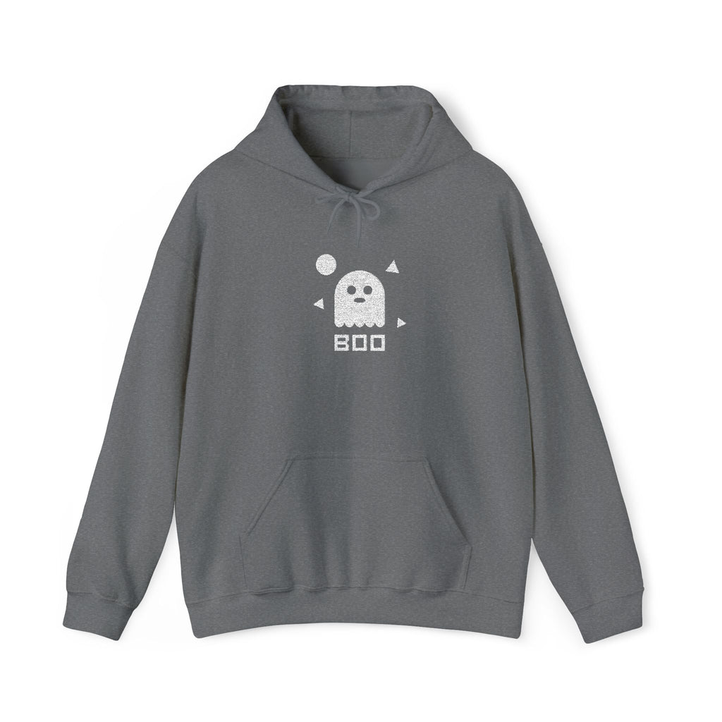 Heather gray hoodie with white ghost graphic and BOO text, front pocket and hood.