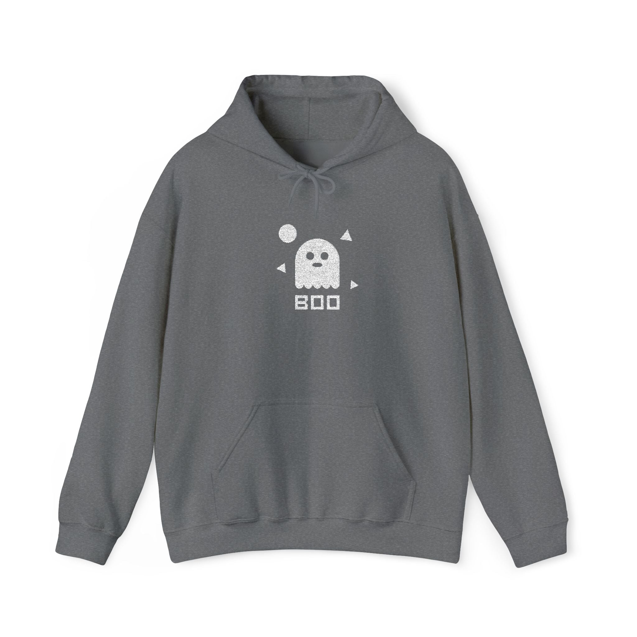 Heather gray hoodie with white ghost graphic and BOO text, front pocket and hood.